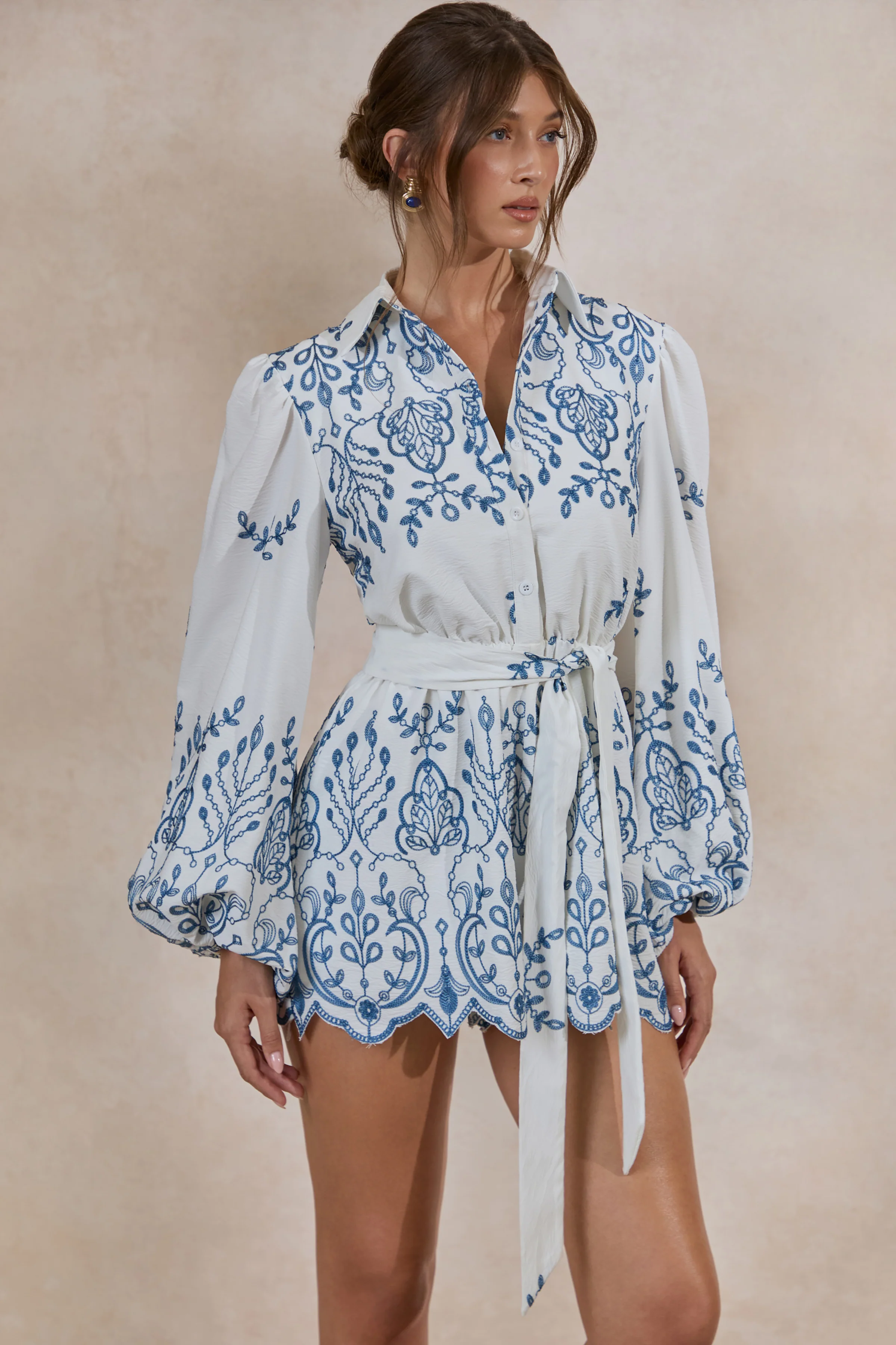 Adria | White And Blue Floral Broderie V-Neck Playsuit - Image 4