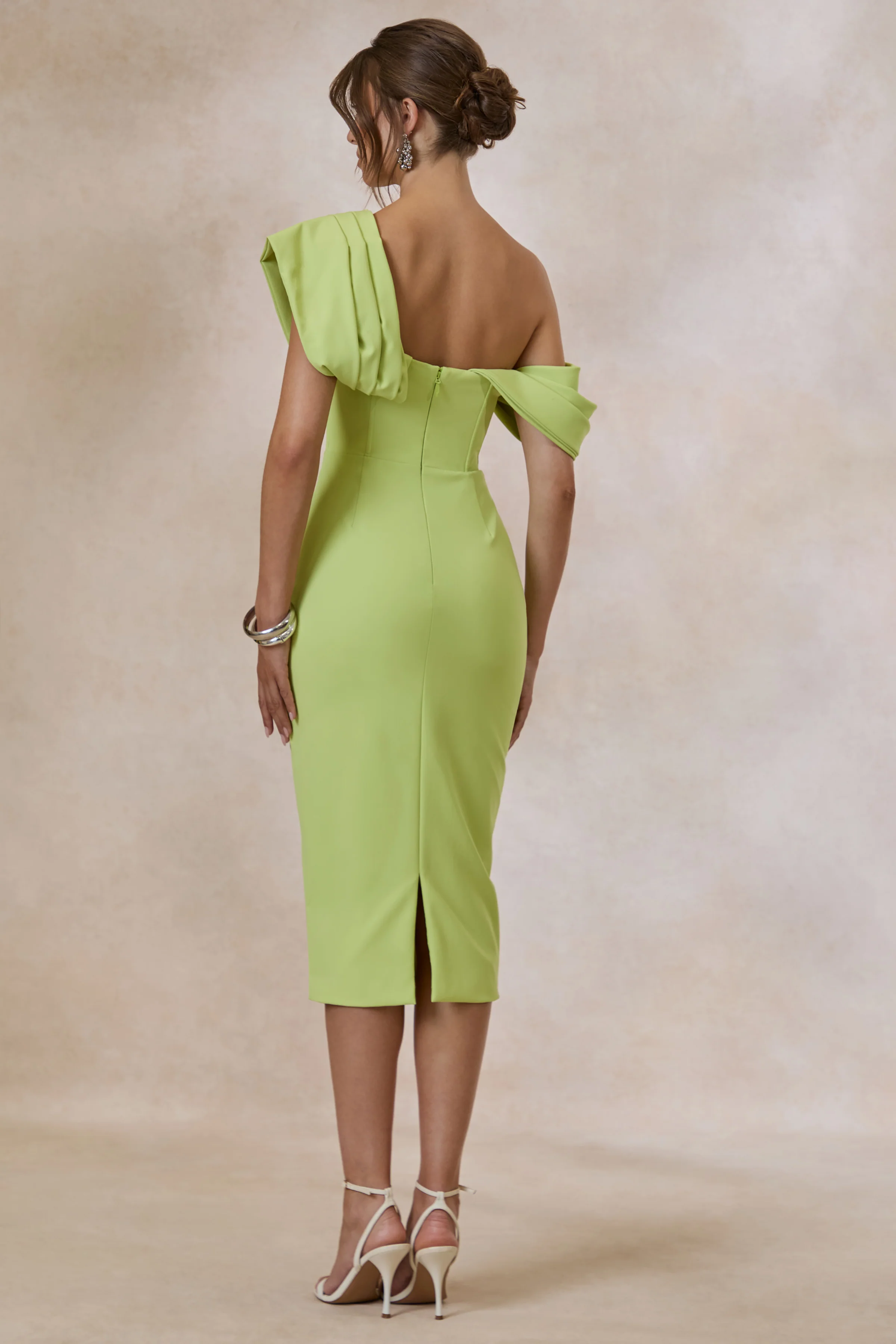 Adrina | Lime Draped One Shoulder Midi Dress - Image 2
