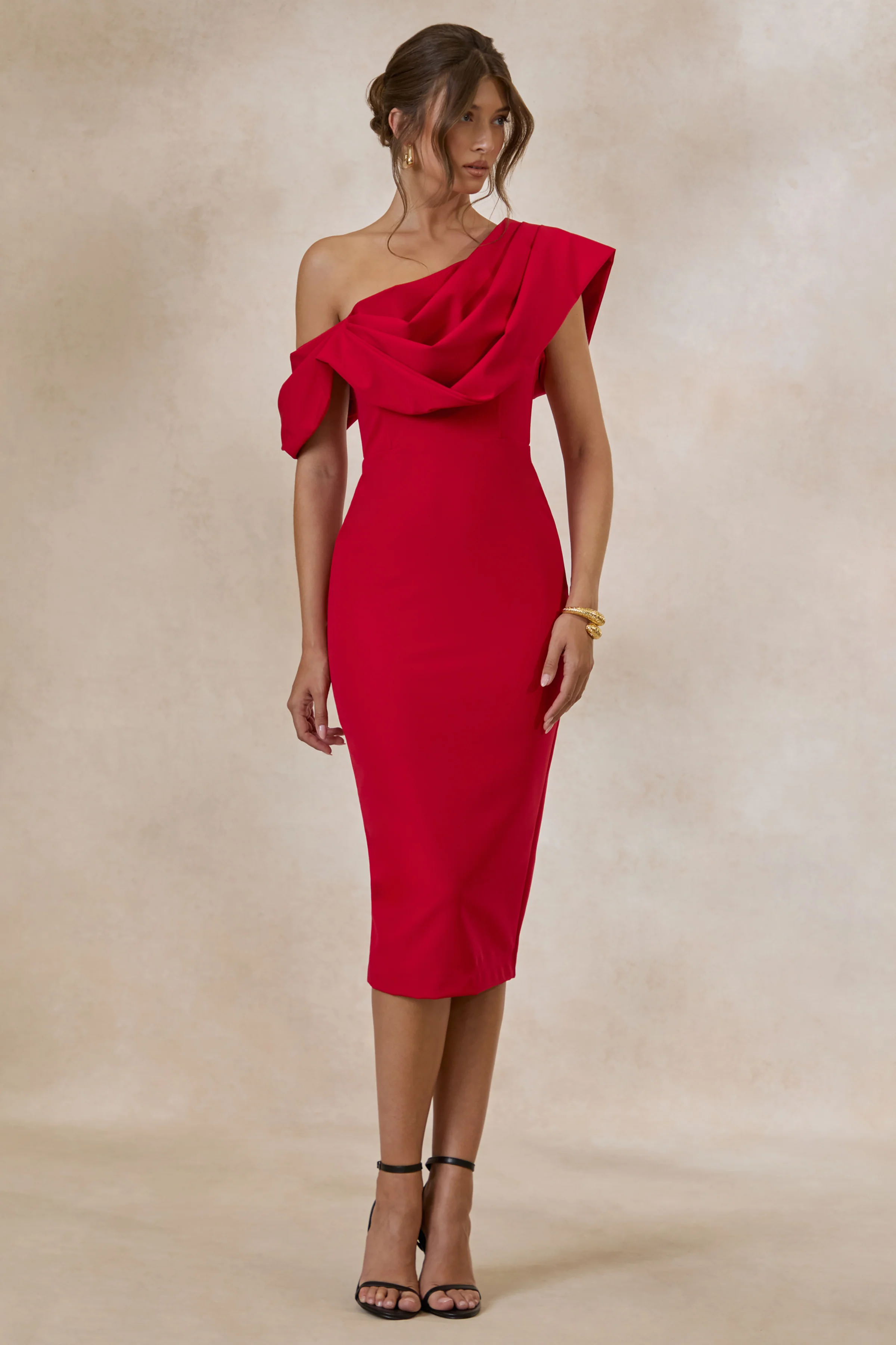 Adrina | Red Draped One Shoulder Midi Dress - Image 14