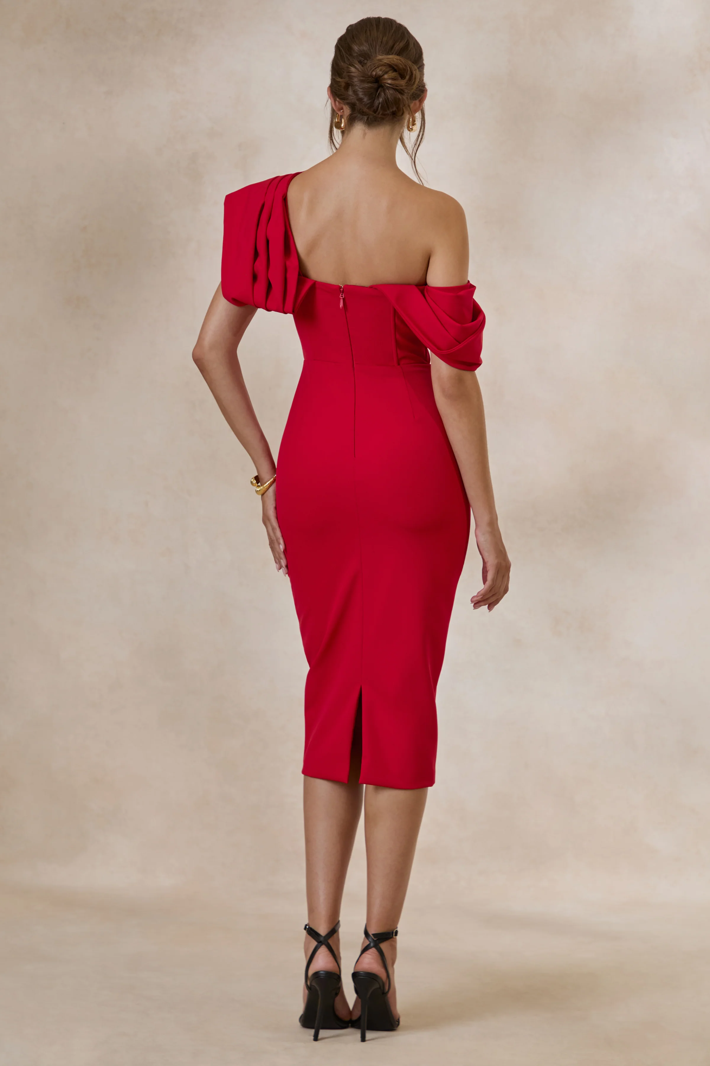 Adrina | Red Draped One Shoulder Midi Dress - Image 2