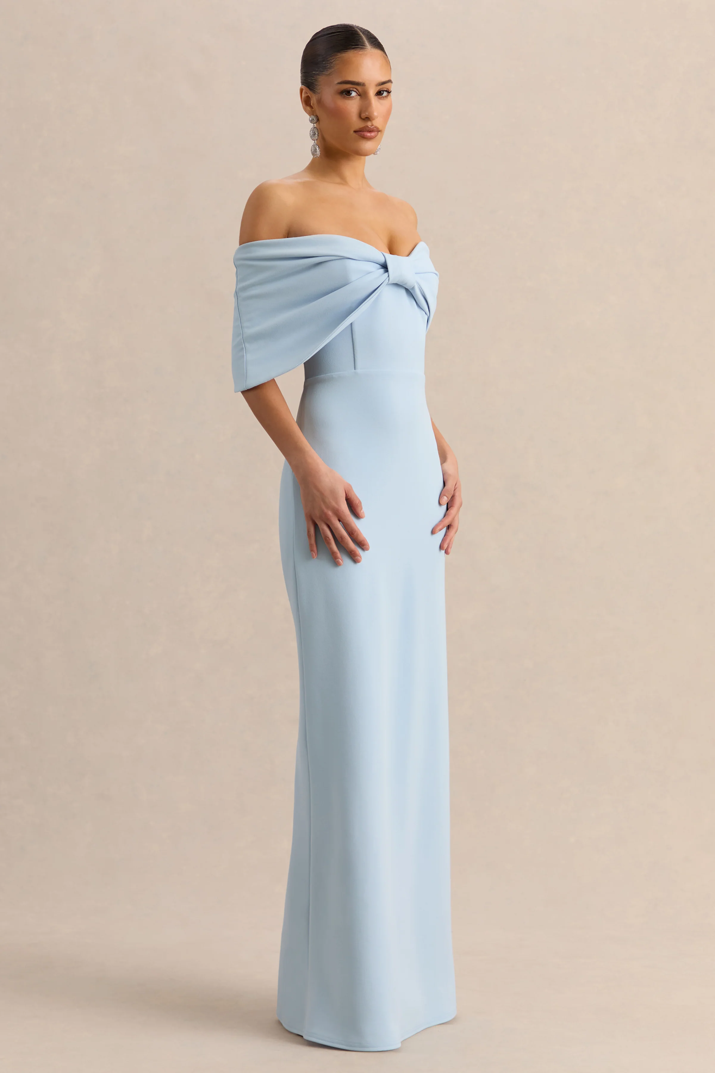 Agatha | Powder Blue Bow Bardot-Neck Maxi Dress - Image 4