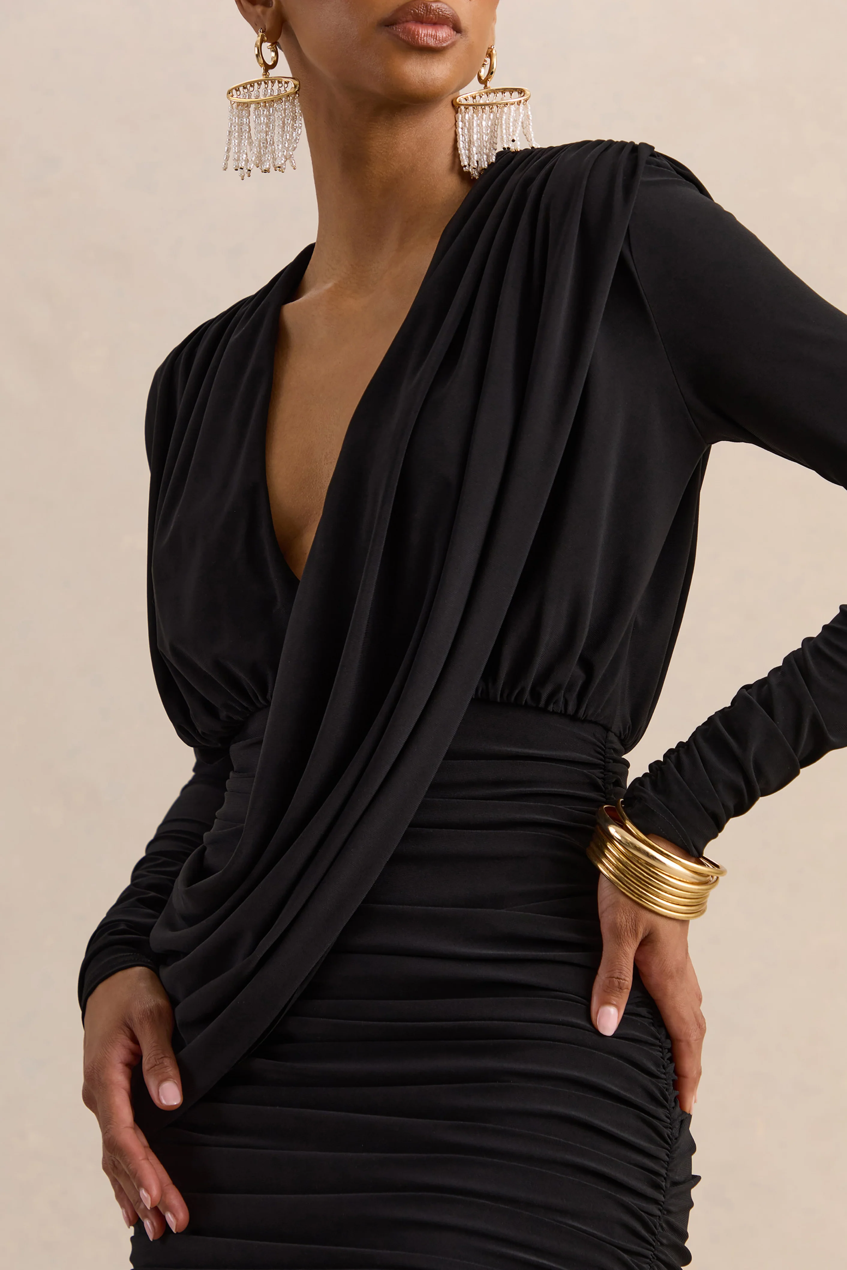 Ajana | Black Plunge-Neck Wrapped Mini Dress - Image 7