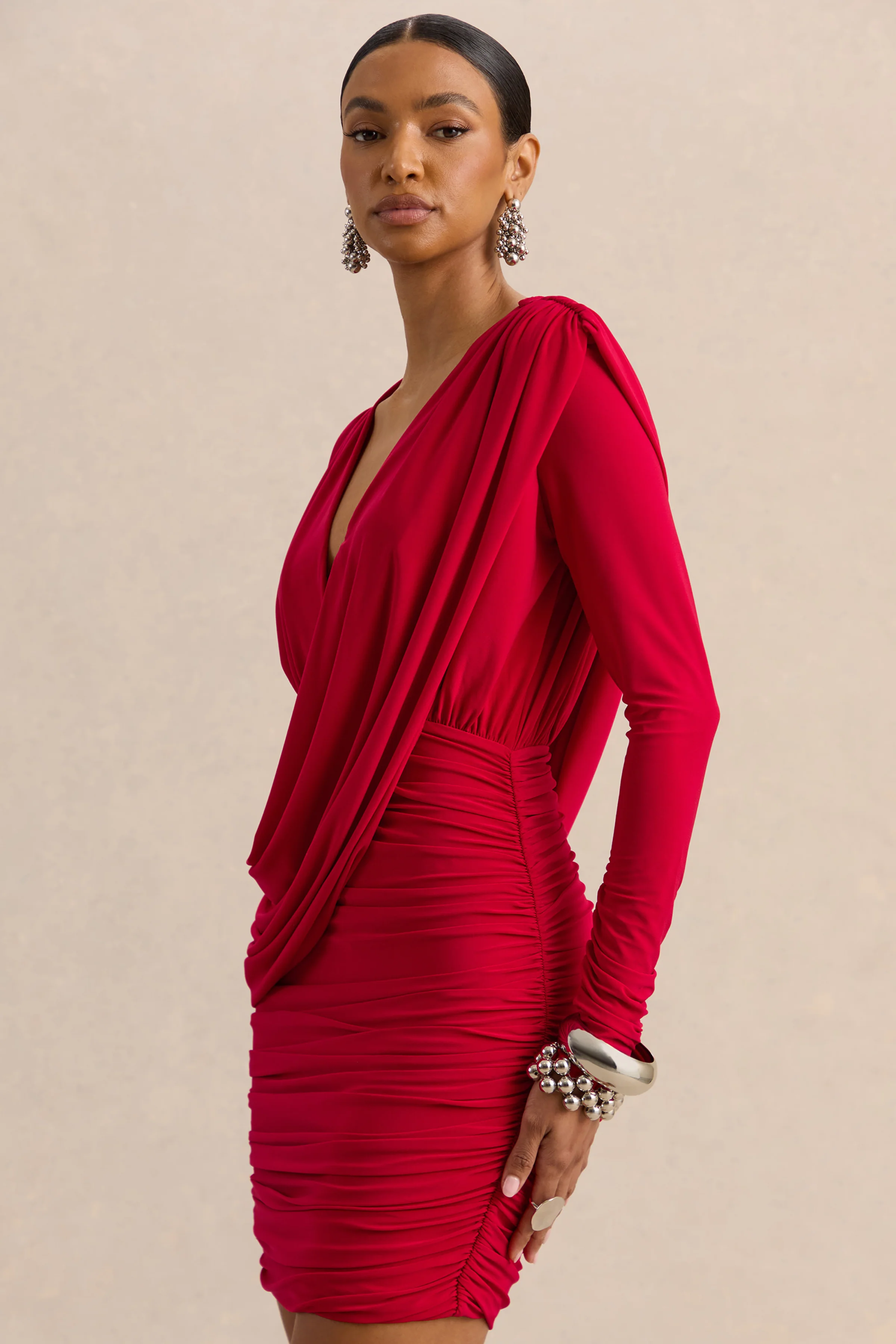 Ajana | Red Plunge-Neck Wrapped Mini Dress - Image 3