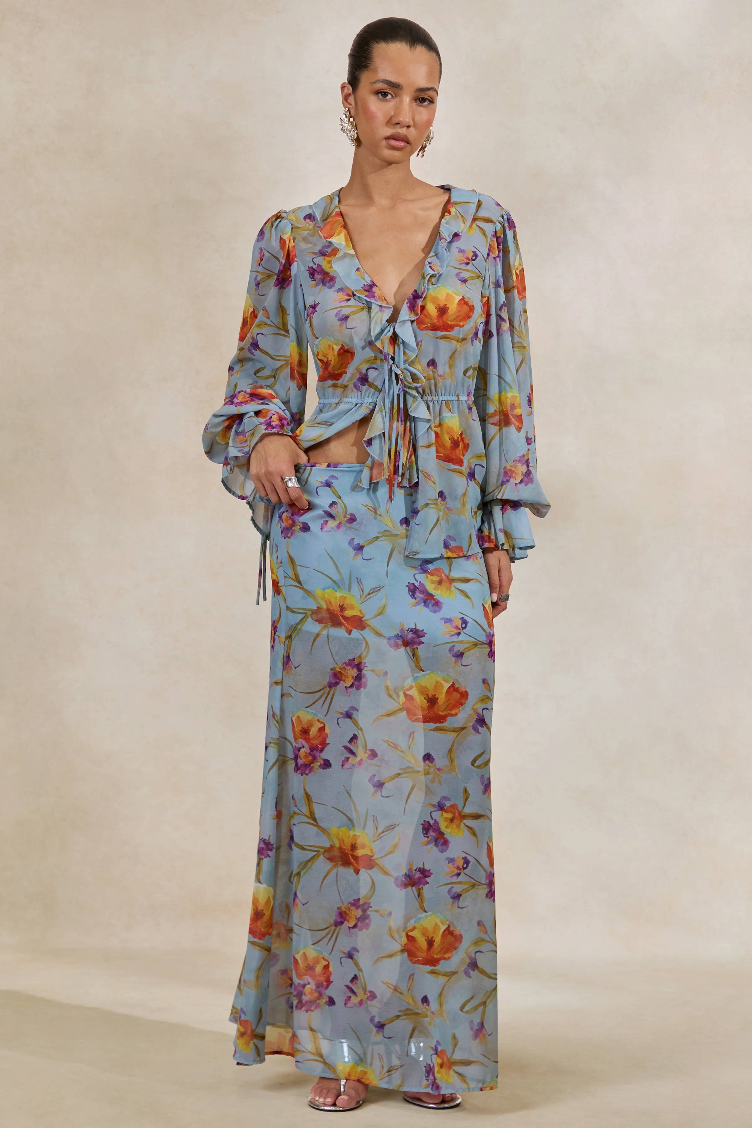 Alveta | Blue Floral Chiffon Sheer Maxi Skirt - Image 2