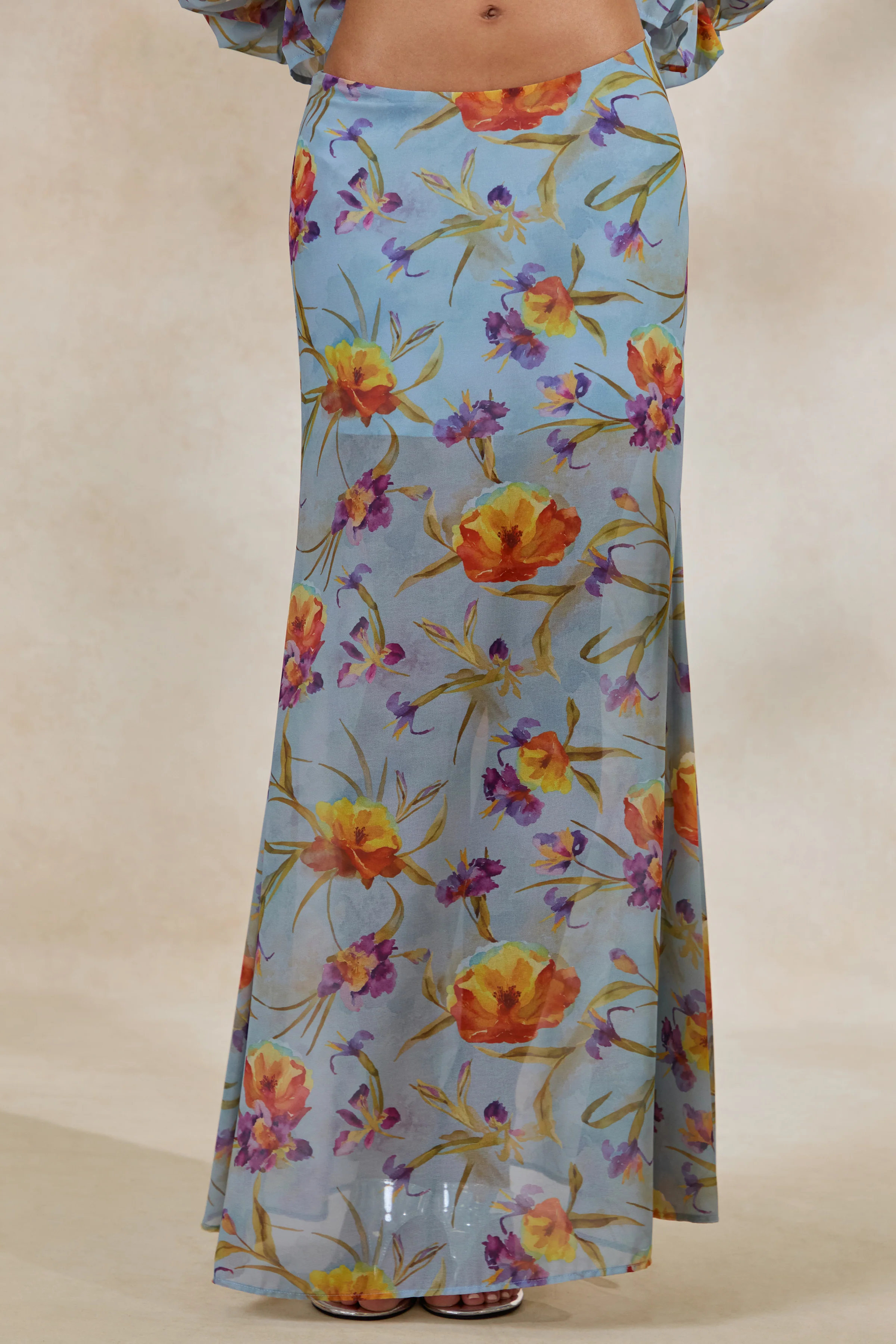 Alveta | Blue Floral Chiffon Sheer Maxi Skirt - Image 5