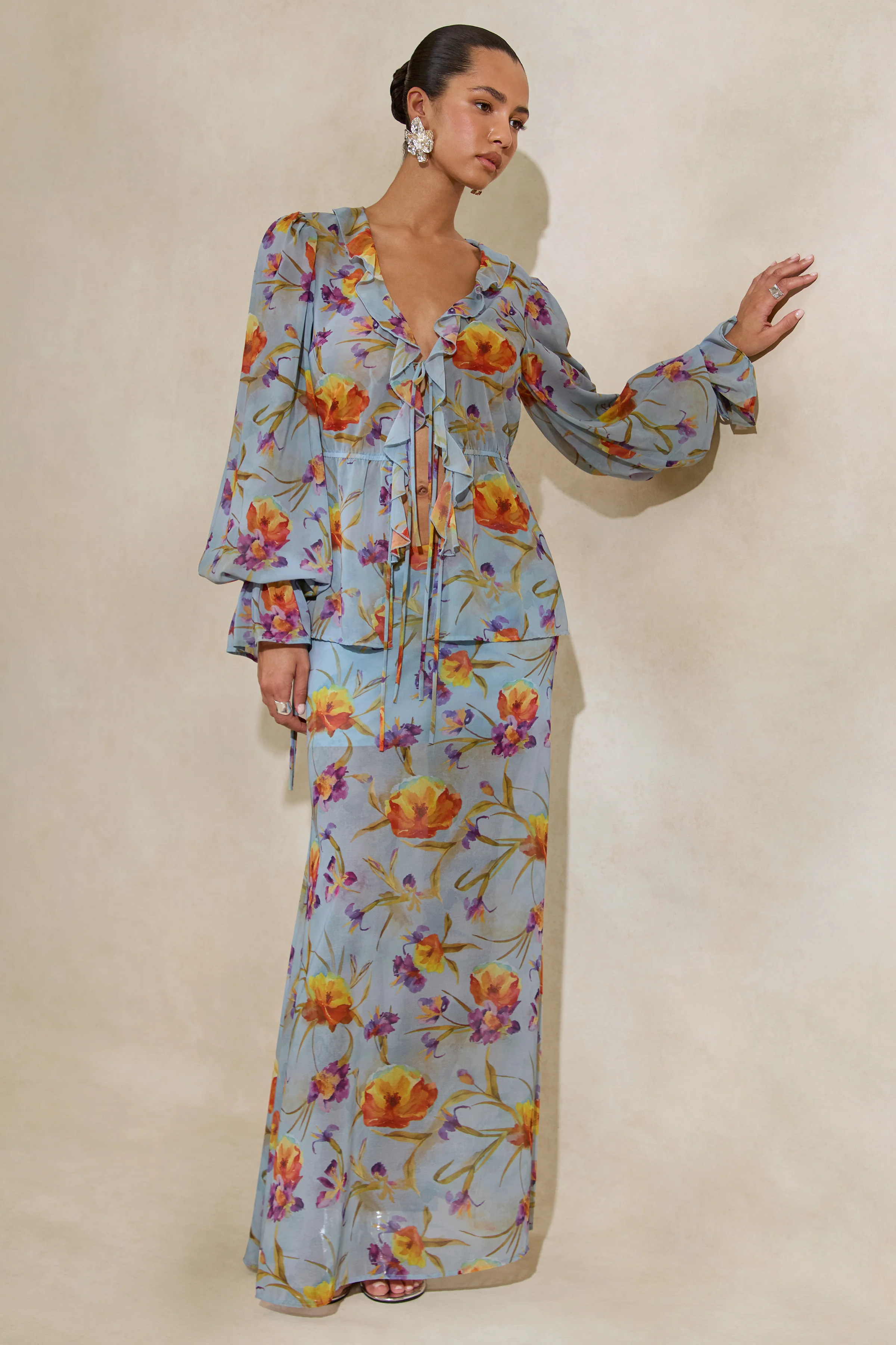 Alveta | Blue Floral Chiffon Sheer Maxi Skirt - Image 6