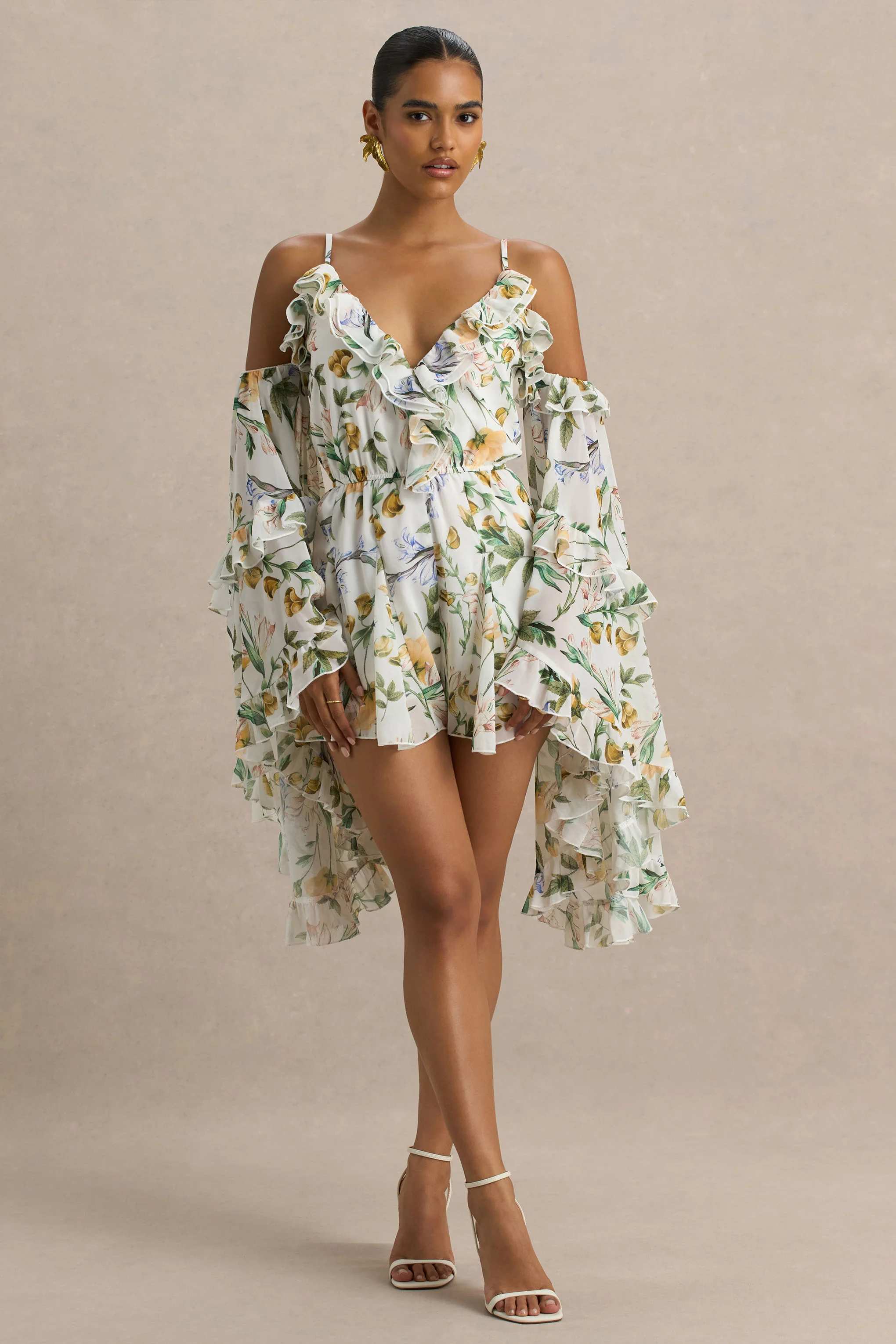 Anaya | Lemon Floral Print Chiffon Playsuit With Long Sleeves - Image 4