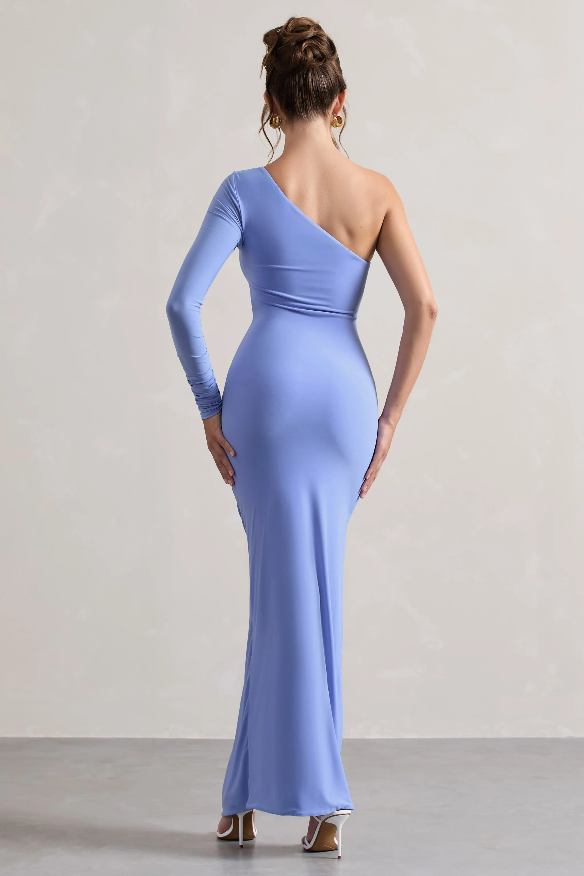 Anima | Pale Blue Asymmetric Ruched One-Sleeve Maxi Dress - Image 2