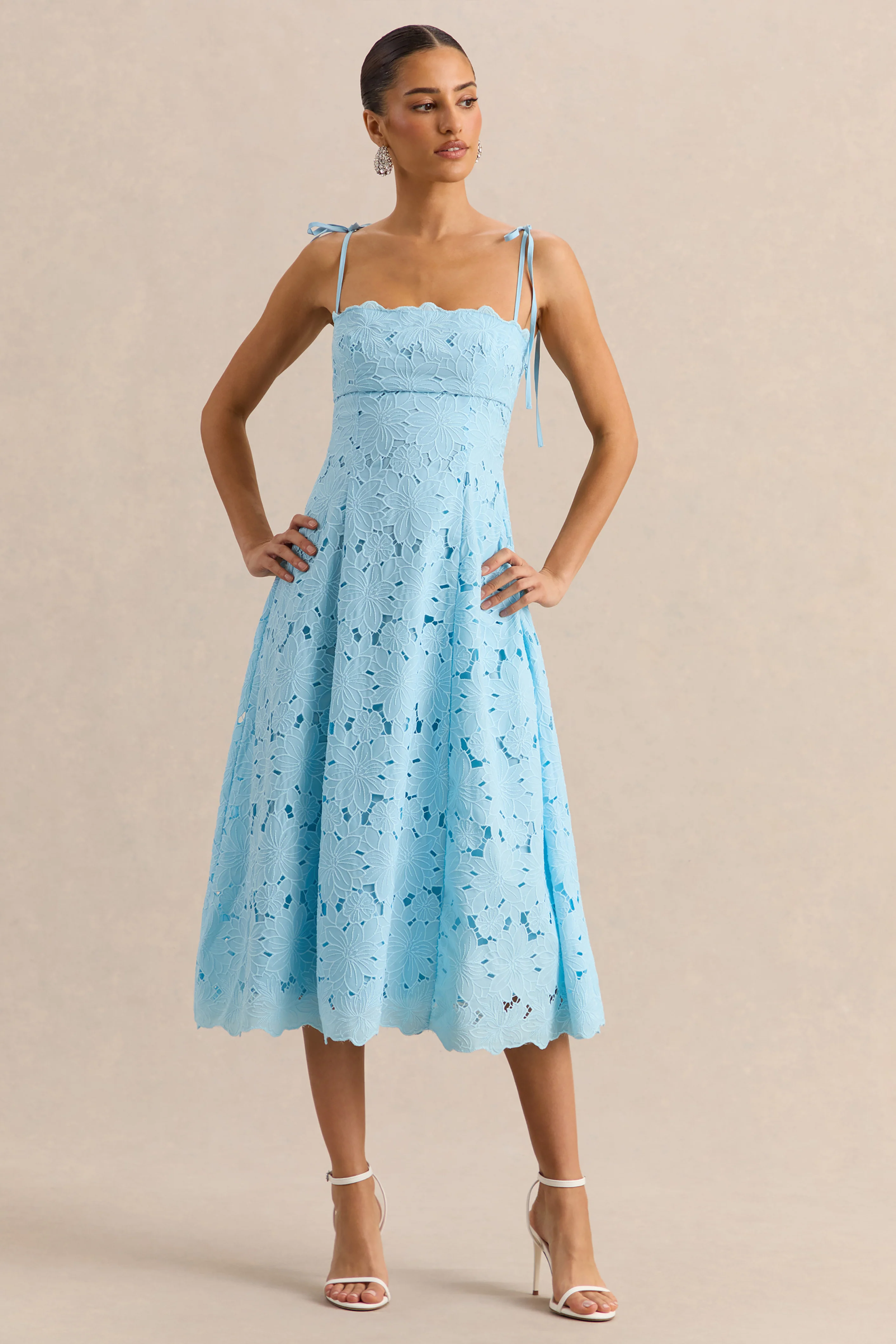 Anna | Embroidered Powder Blue Square-Neck Midi Dress - Image 5