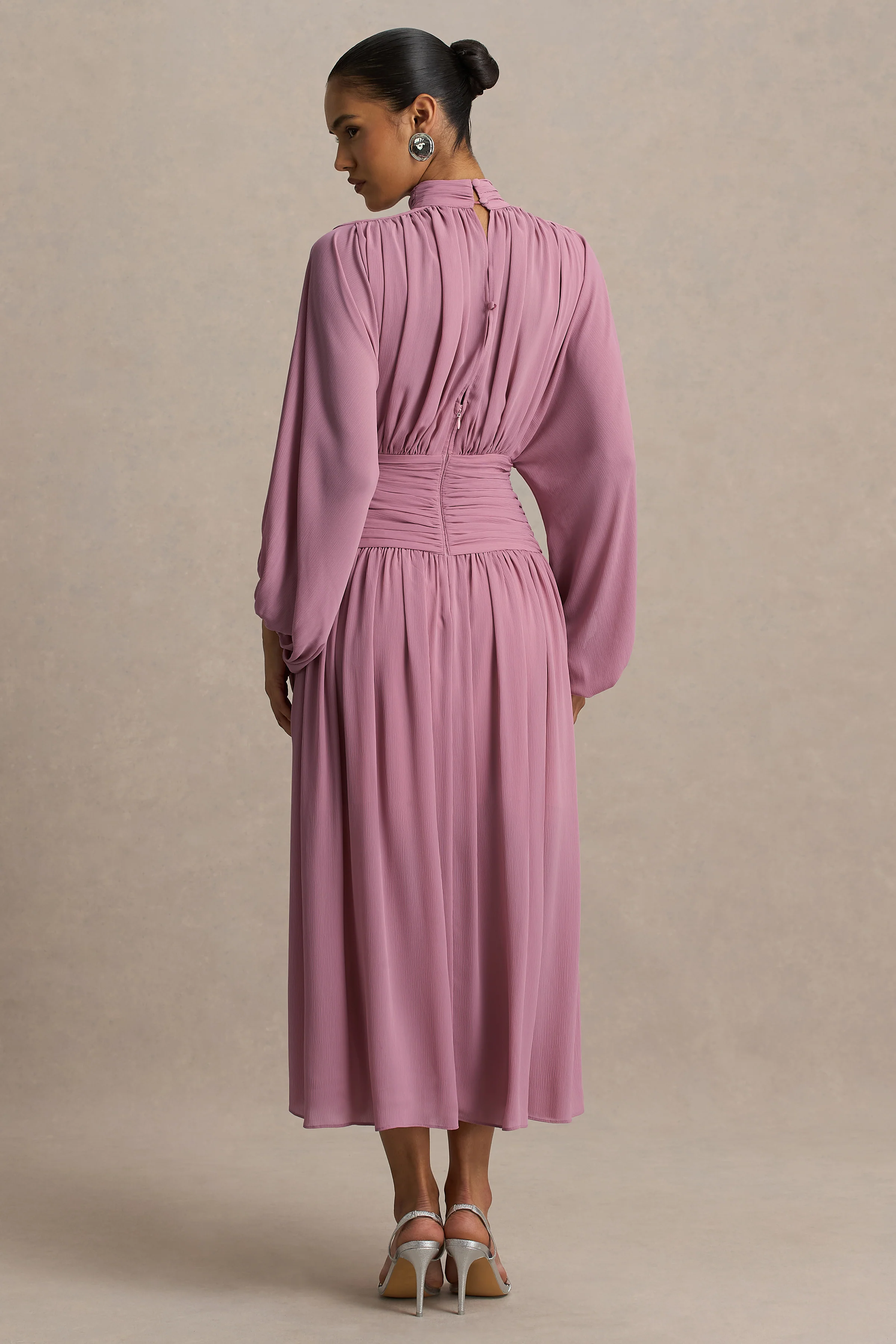 Annabel | Dusty Pink High-Neck Midi Dress With Pleating - Image 2