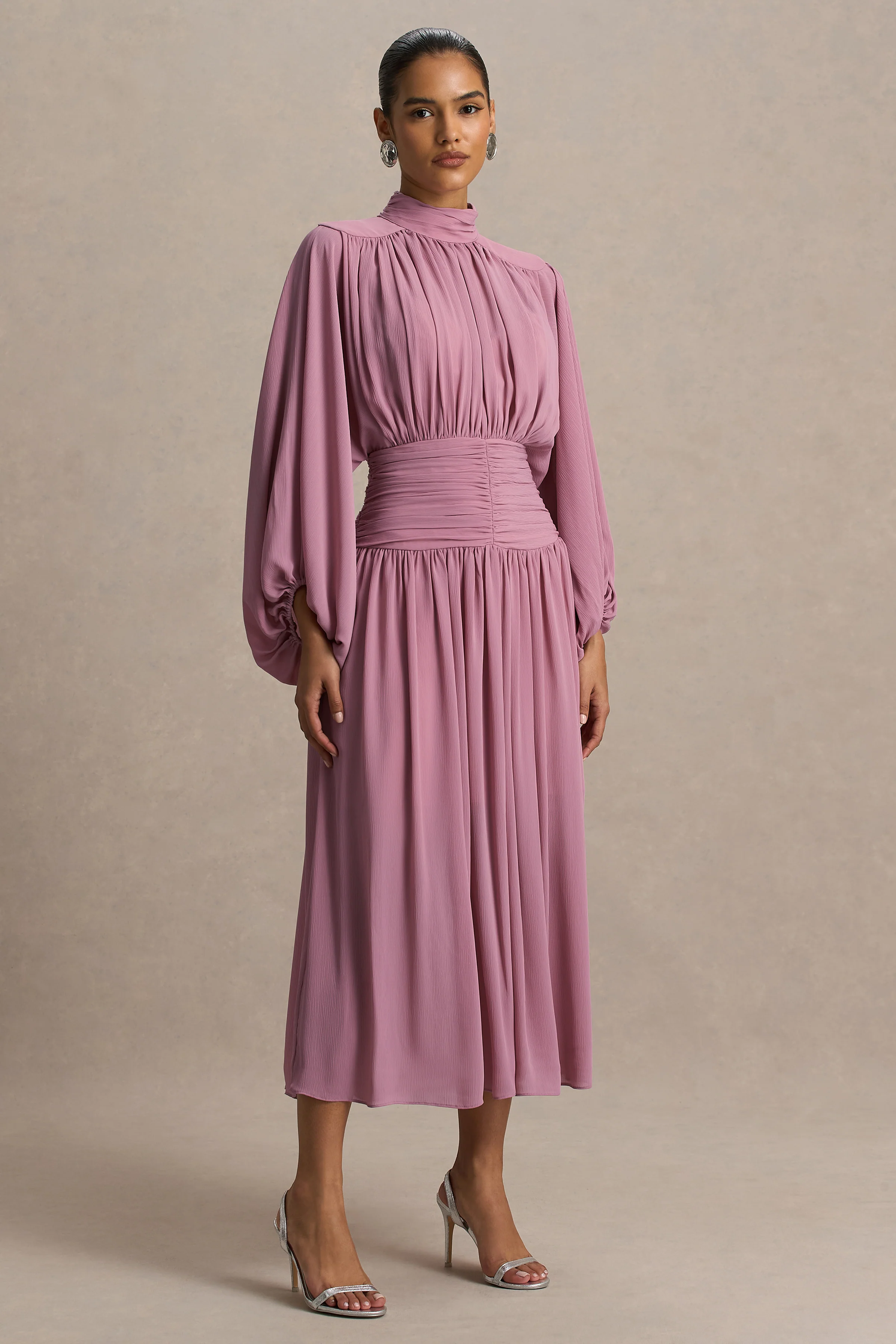 Annabel | Dusty Pink High-Neck Midi Dress With Pleating - Image 5