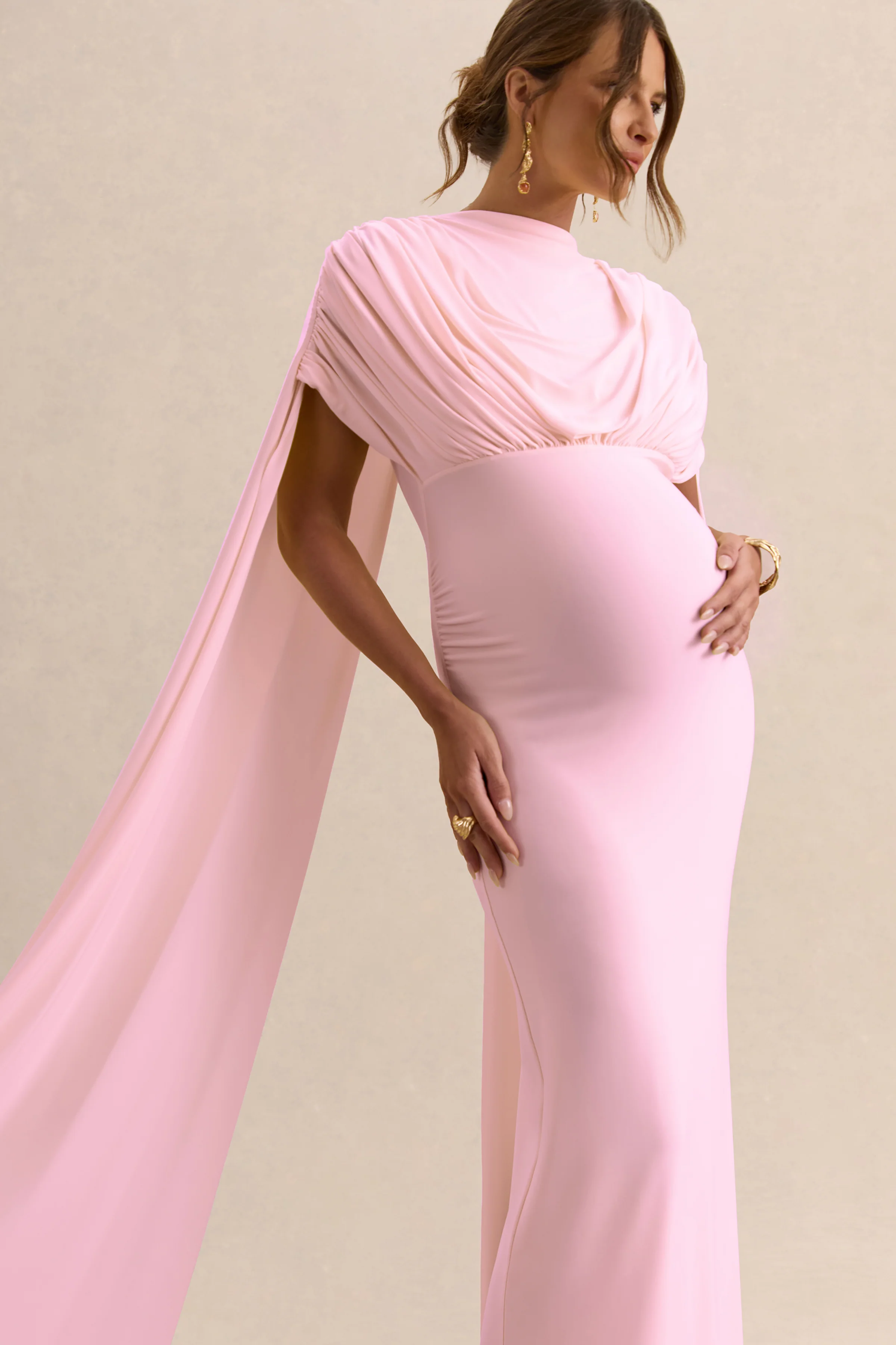 Araminta | Light Pink Bardot-Neck Maternity Maxi Dress With Cape Sleeves - Image 3