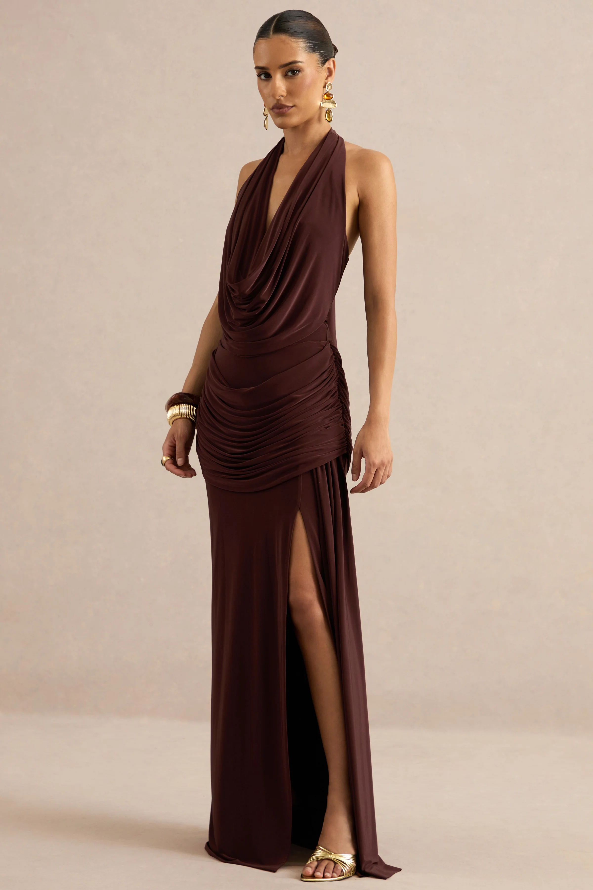 Ariadne | Dark Brown Draped Maxi Skirt With Split - Image 5