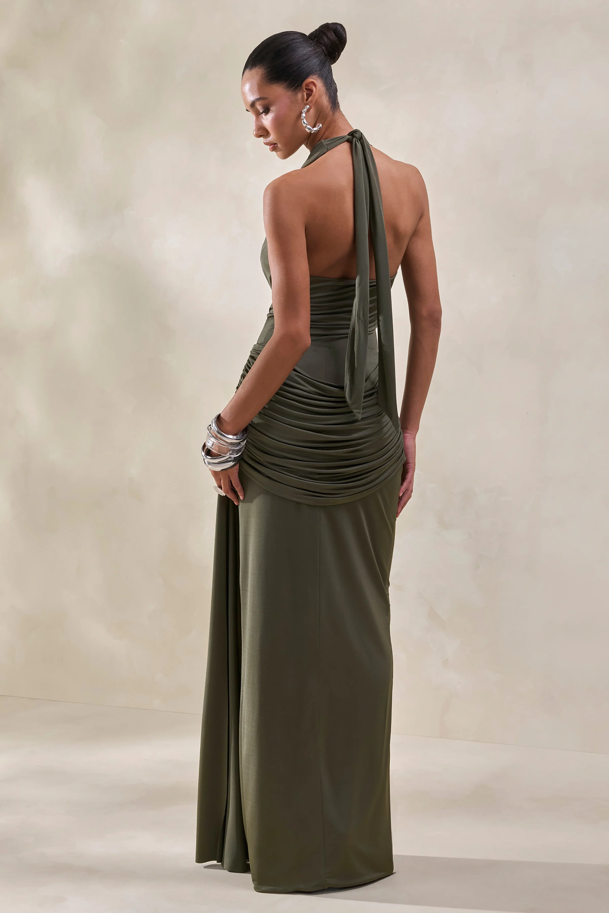 Ariadne | Khaki Draped Maxi Skirt With Split - Image 3