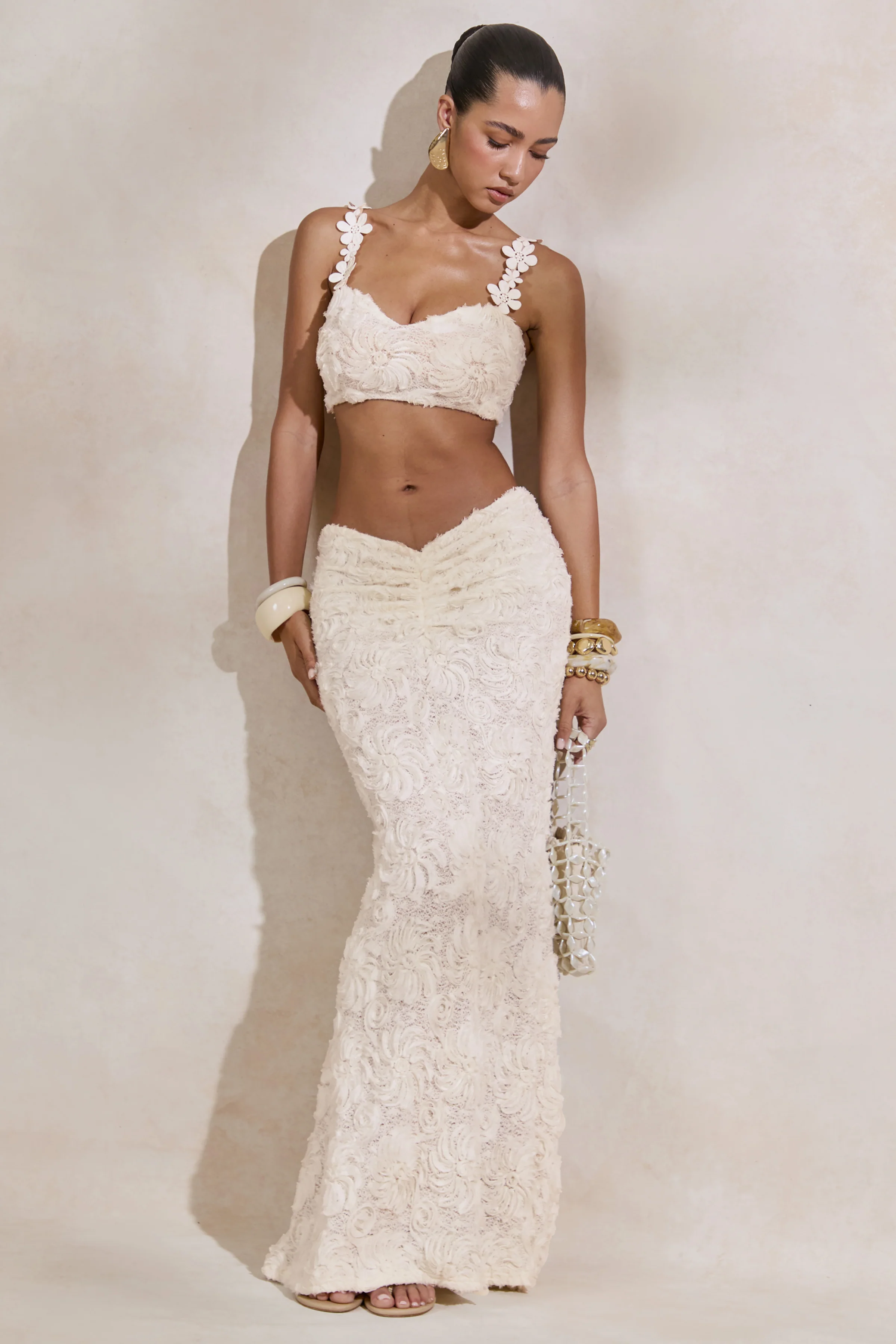 Arlina | White Lace Maxi Skirt With Gathered Detailing - Image 10