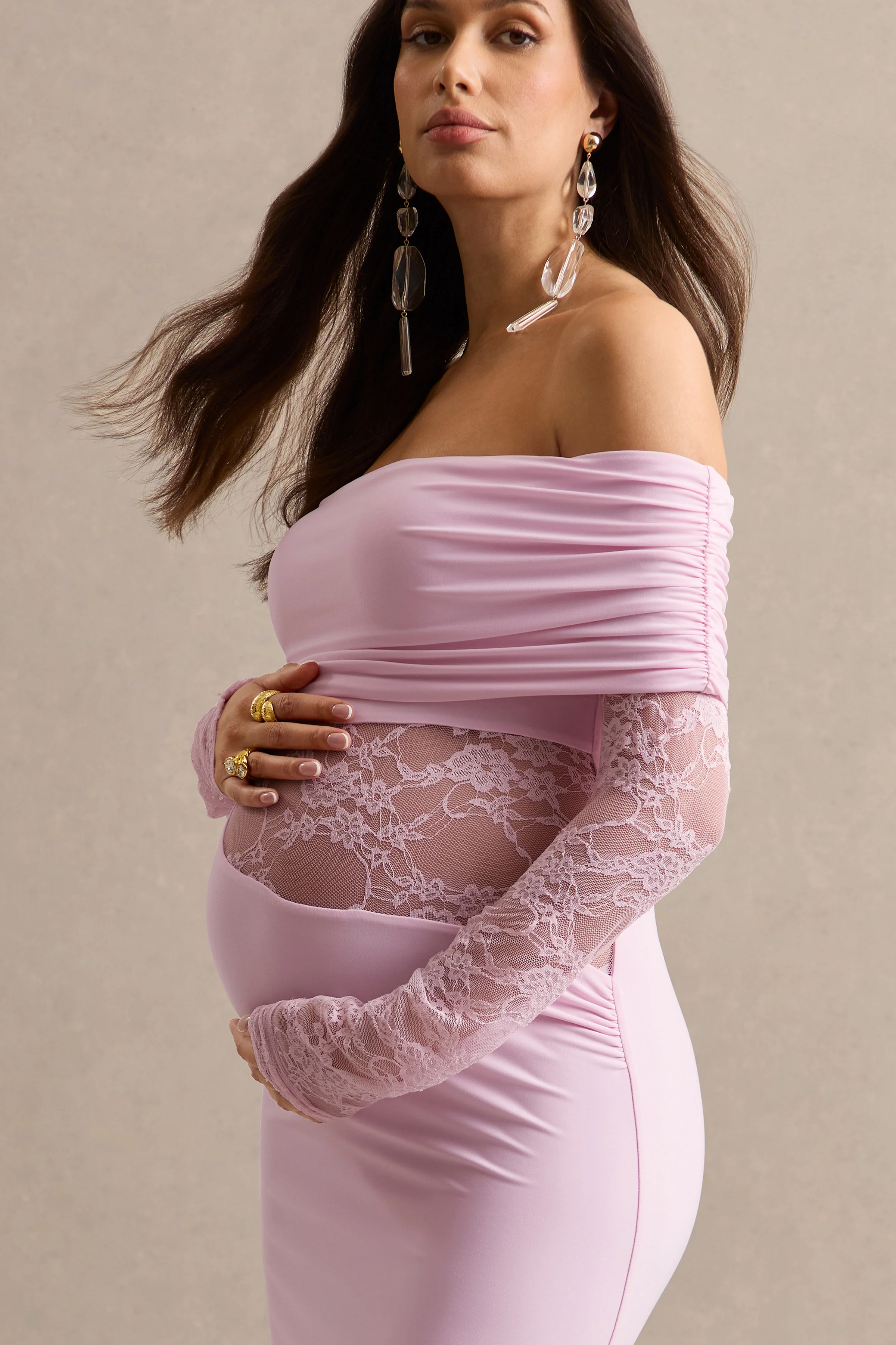 Artemisia | Light Pink Bardot-Neck Maternity Maxi Dress With Lace Detailing - Image 4