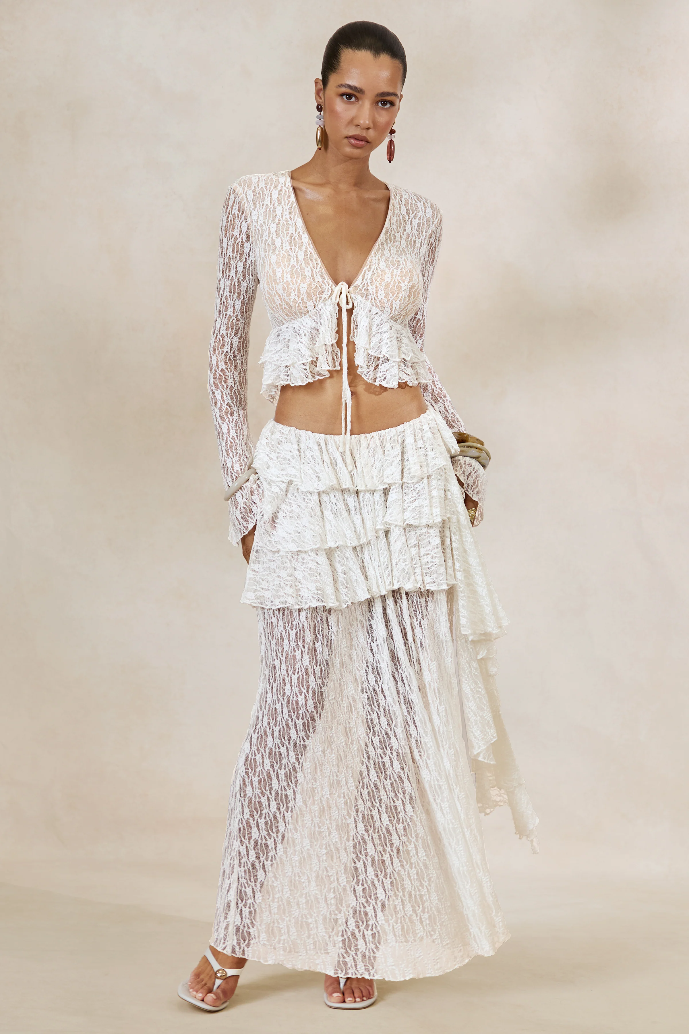 Astella | White Lace Asymmetric-Waist Maxi Skirt With Ruffled Detailing - Image 8