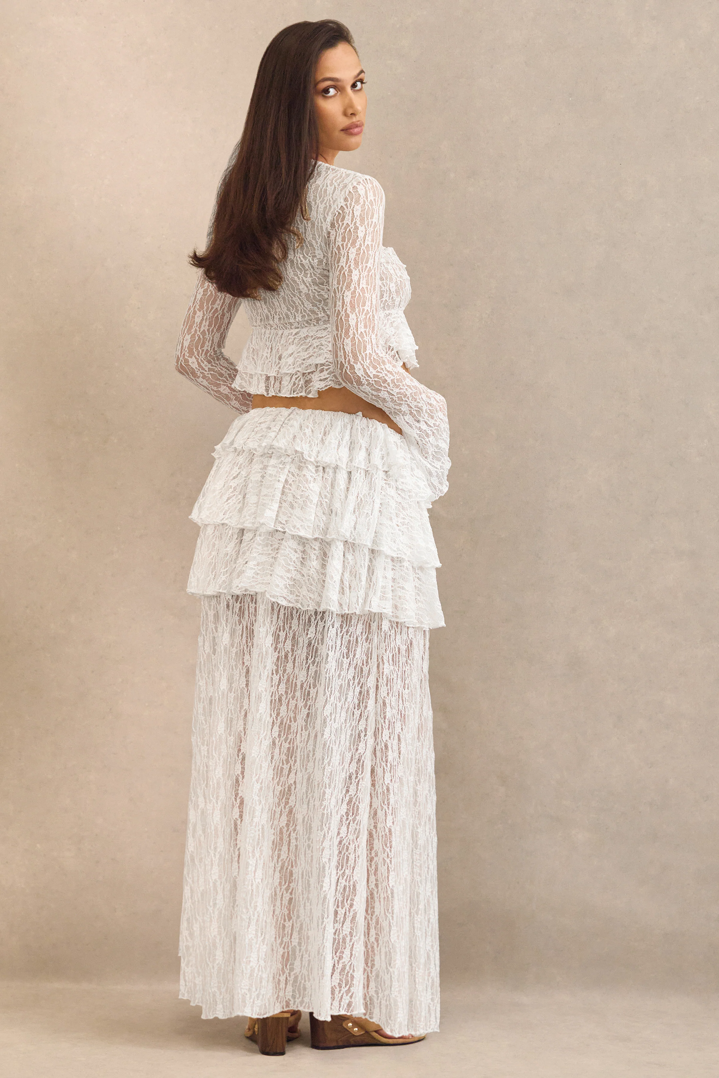 Astella | White Lace Plunge-Neck Top With Ruffled Trim - Image 3