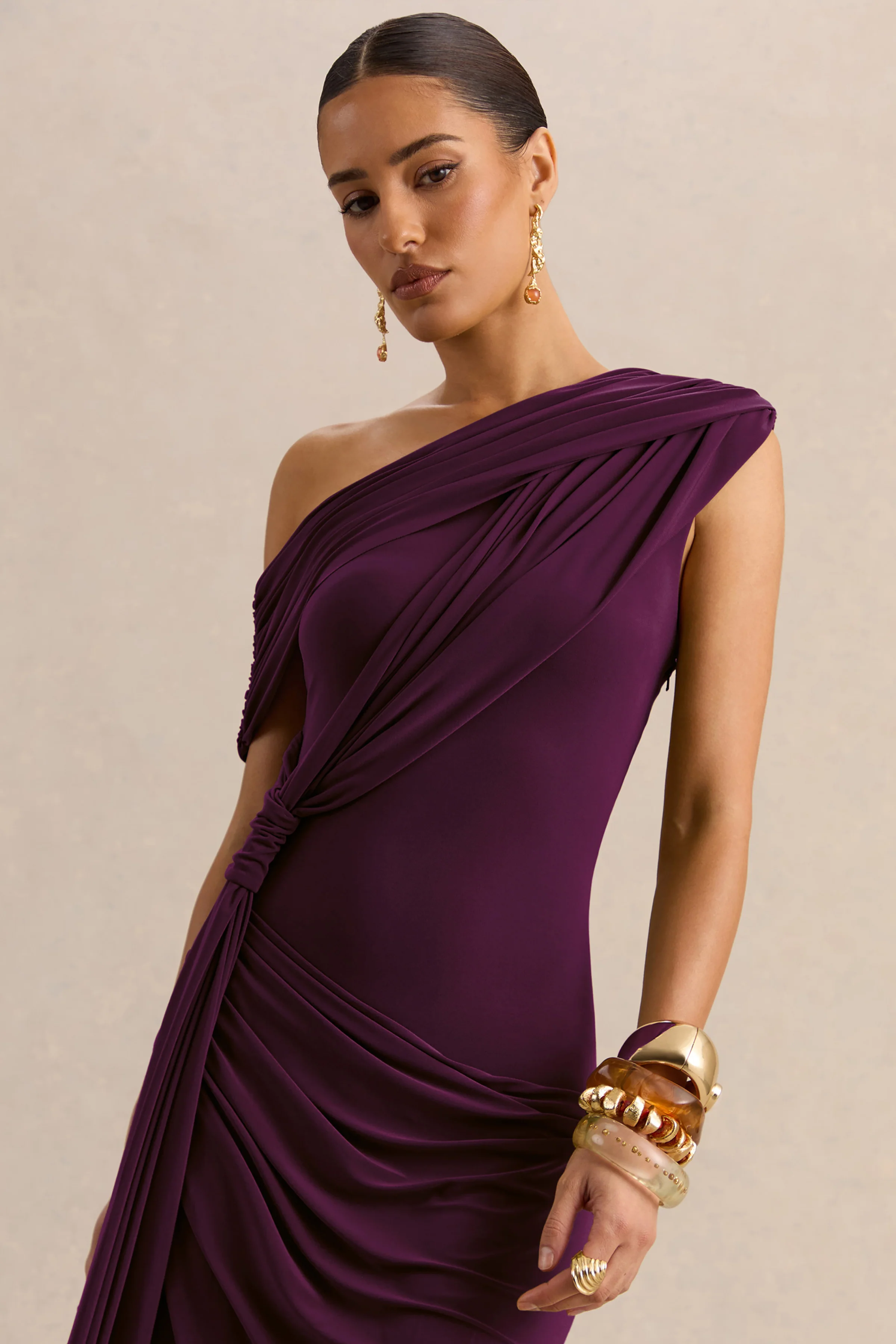 Avialee | Dark Plum Asymmetric-Neck Maxi Dress With Gathered-Detailing And Sash - Image 3