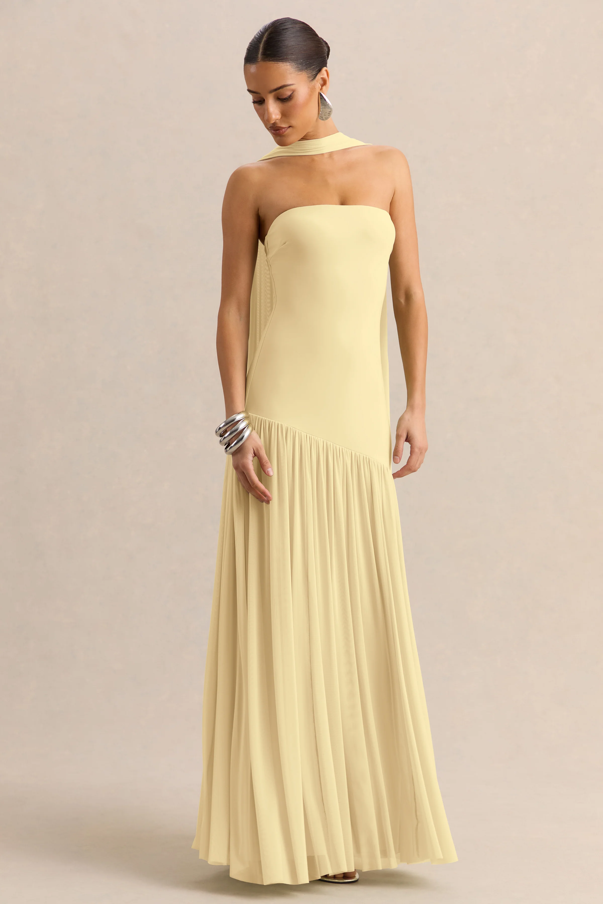 Bambi | Lemon Bandeau-Neck Maxi Dress With Scarf-Detail - Image 4