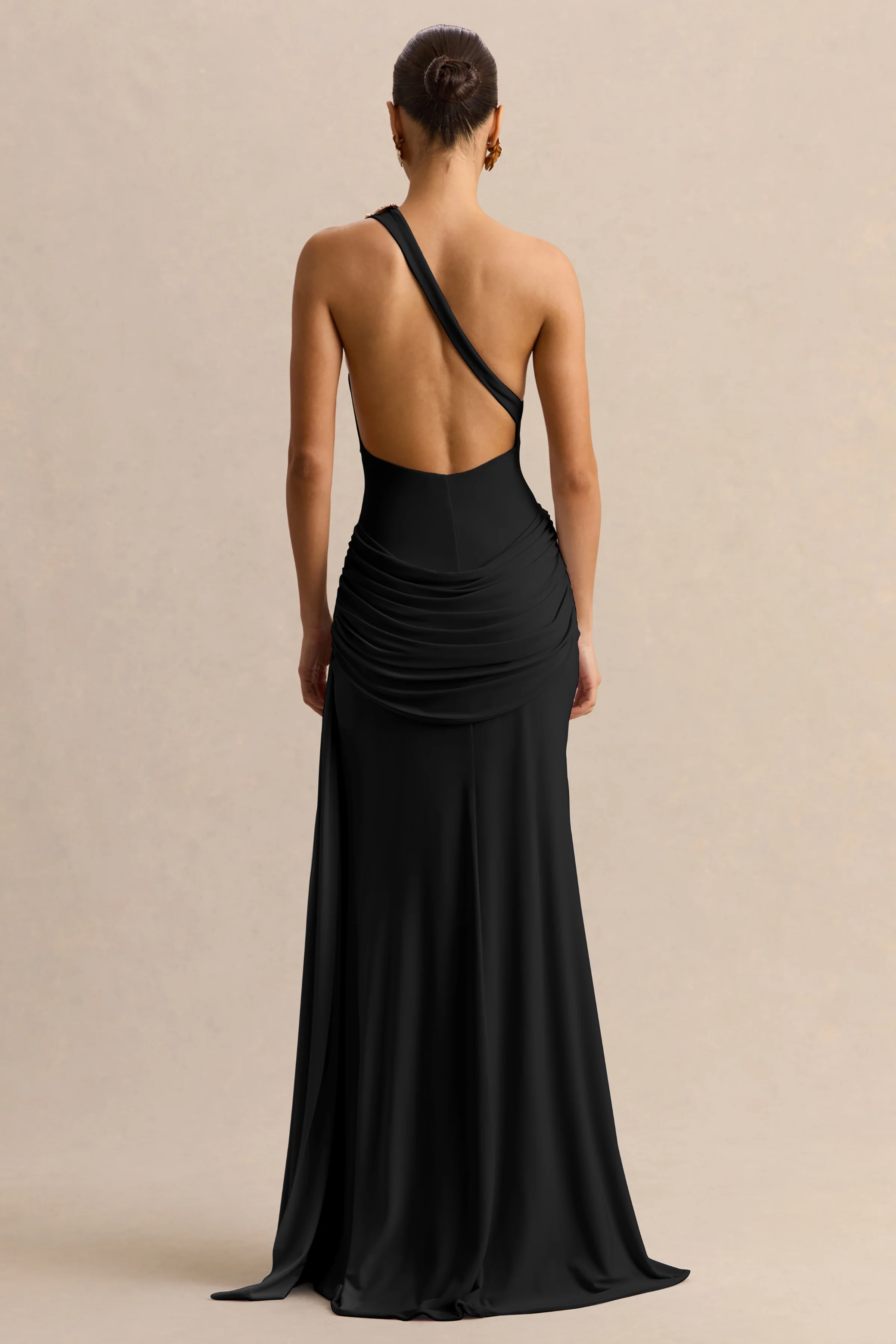 Belrose | Black Asymmetric-Neck Maxi Dress With Gold-Detail And Front-High Split - Image 2
