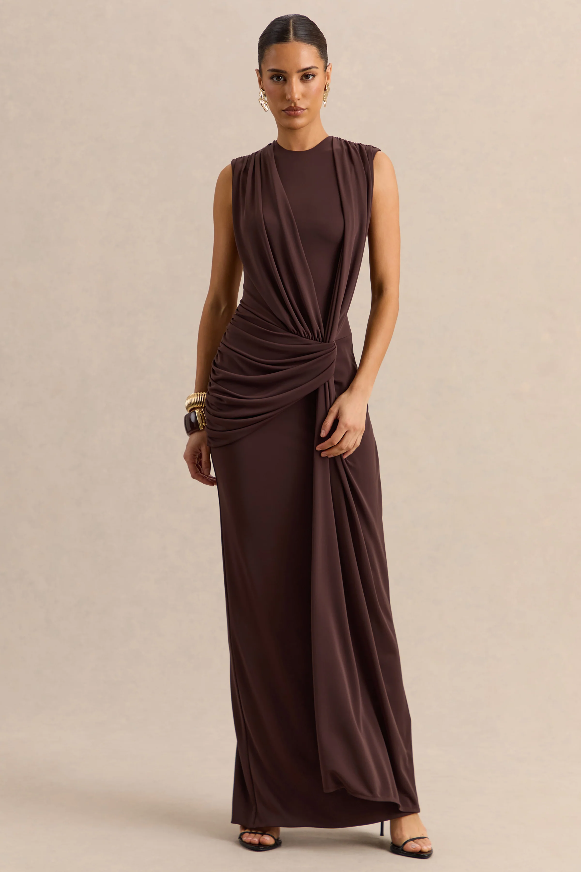 Blythia | Brown Round-Neck Maxi Dress With Gathered-Detailing