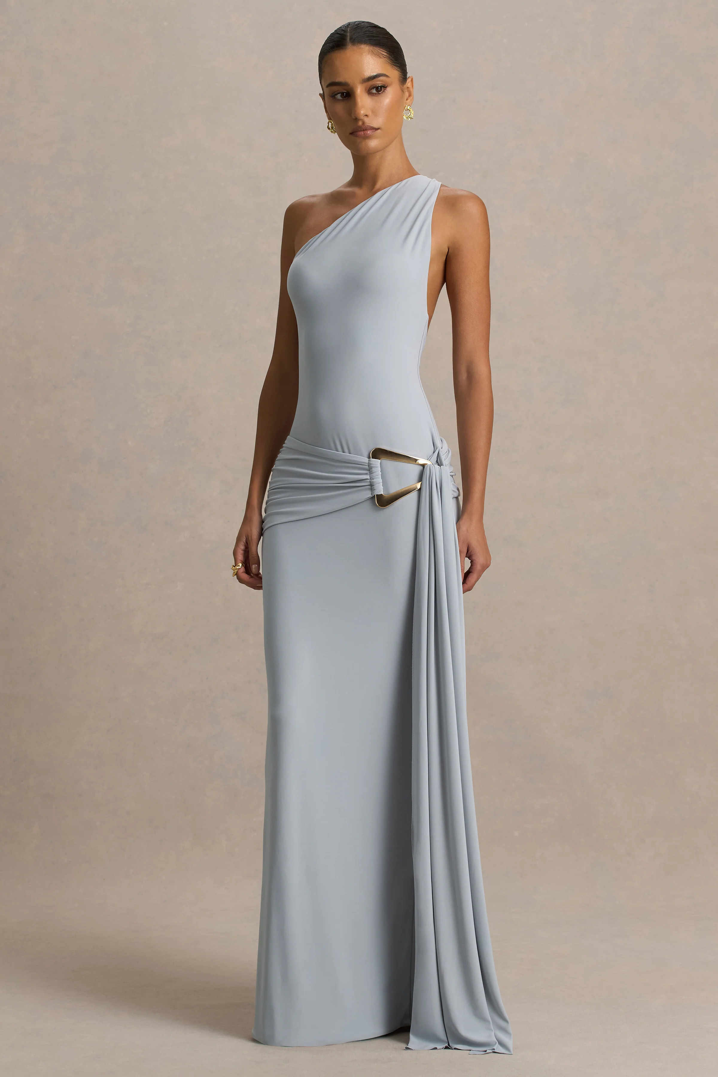 Bonnie | Blue Asymmetric-Neck Maxi Dress With Open-Back - Image 3