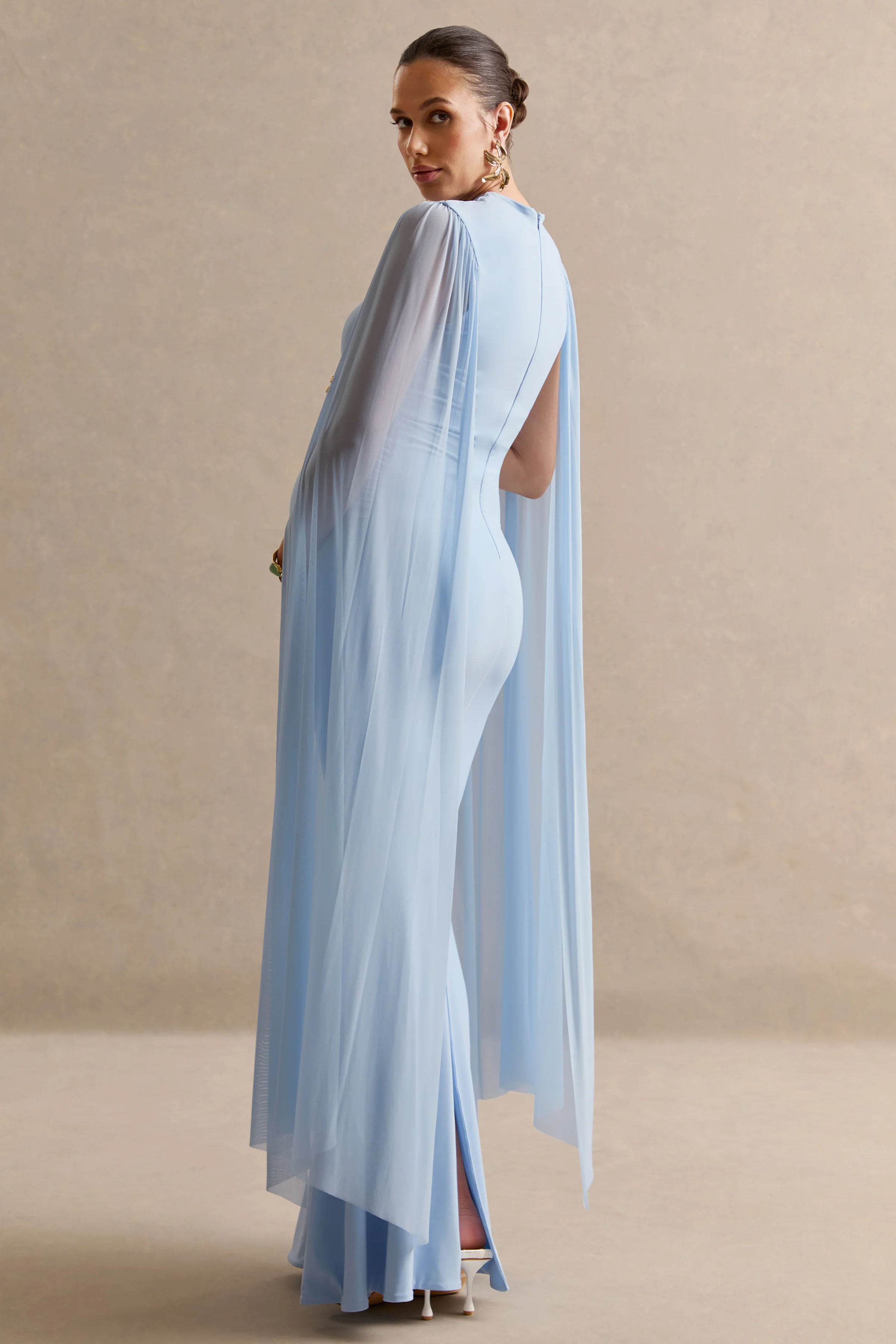 Calitheia | Light Blue Round-Neck Maternity Maxi Dress With Long Floaty Mesh Sleeves - Image 2