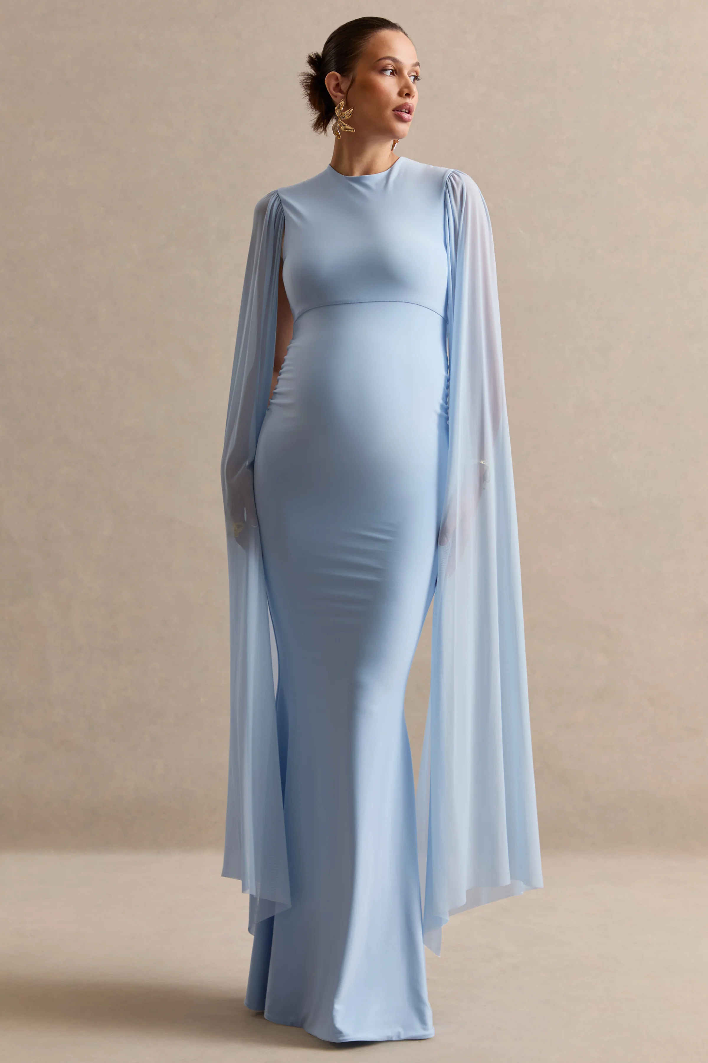 Calitheia | Light Blue Round-Neck Maternity Maxi Dress With Long Floaty Mesh Sleeves - Image 4