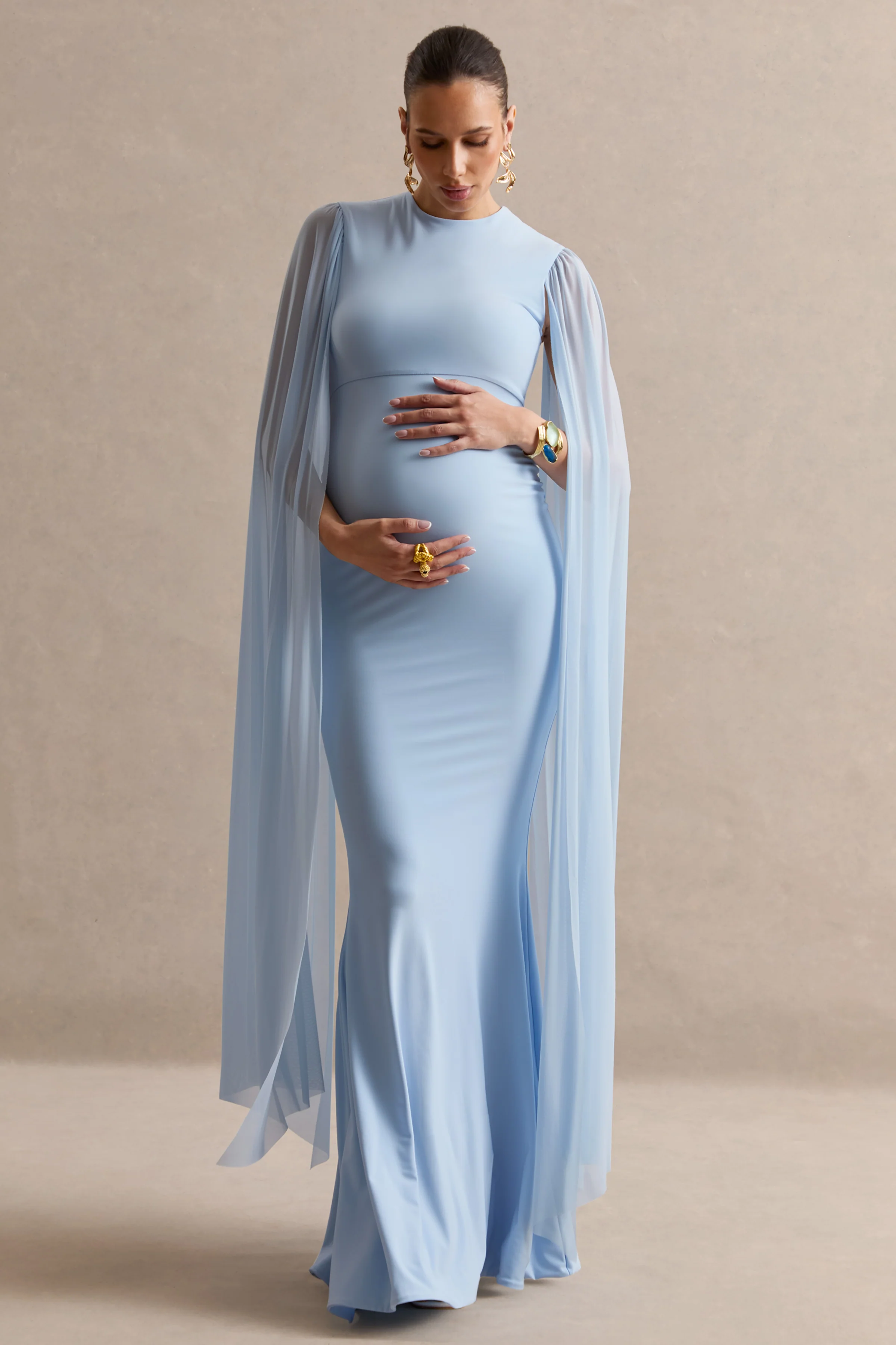 Calitheia | Light Blue Round-Neck Maternity Maxi Dress With Long Floaty Mesh Sleeves - Image 6