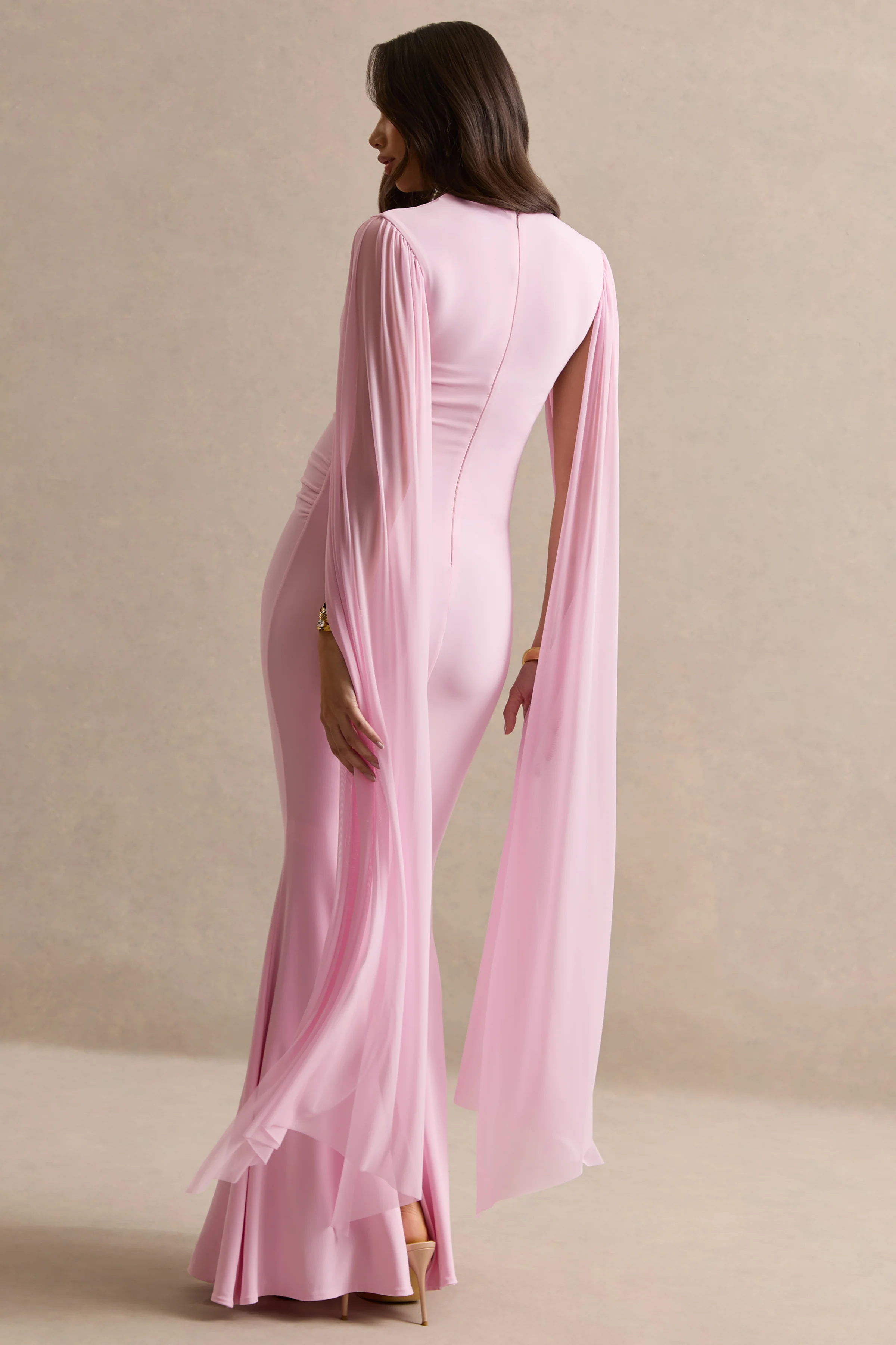 Calitheia | Light Pink Round-Neck Maternity Maxi Dress With Long Floaty Mesh Sleeves - Image 2