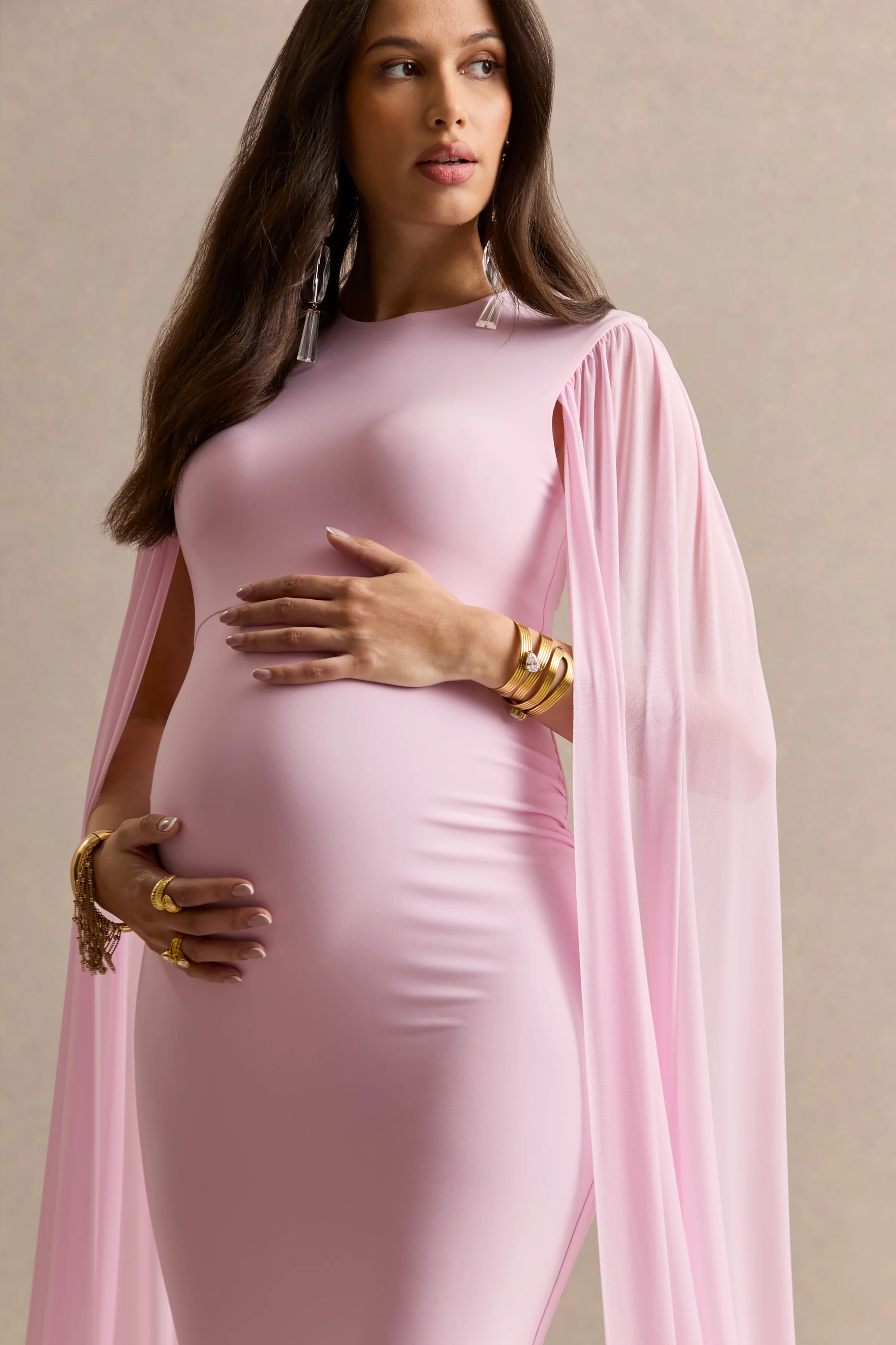 Calitheia | Light Pink Round-Neck Maternity Maxi Dress With Long Floaty Mesh Sleeves - Image 3