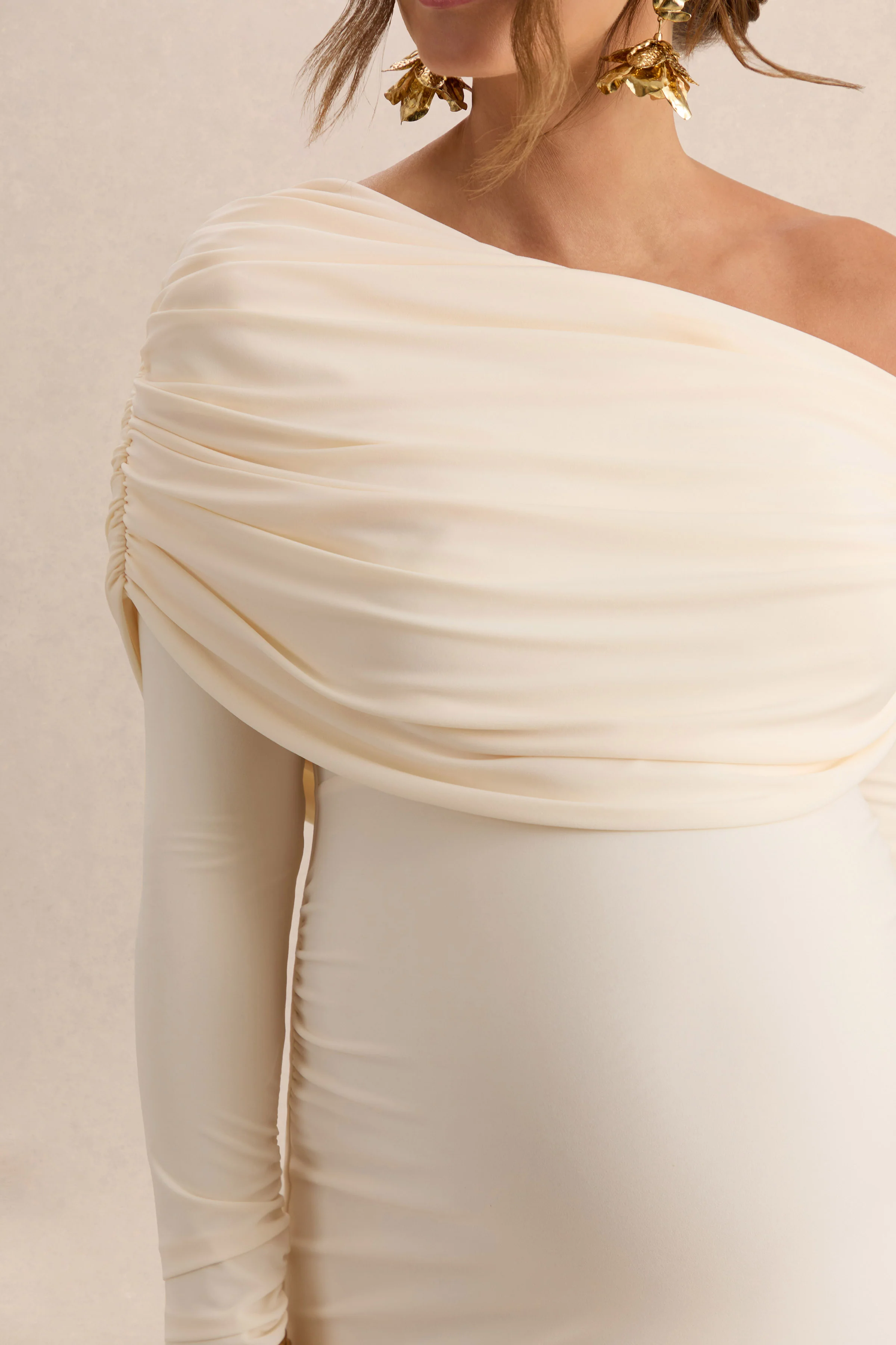 Carleigh | Cream Asymmetric-Neck Maternity Maxi Dress With Draped Detailing - Image 4