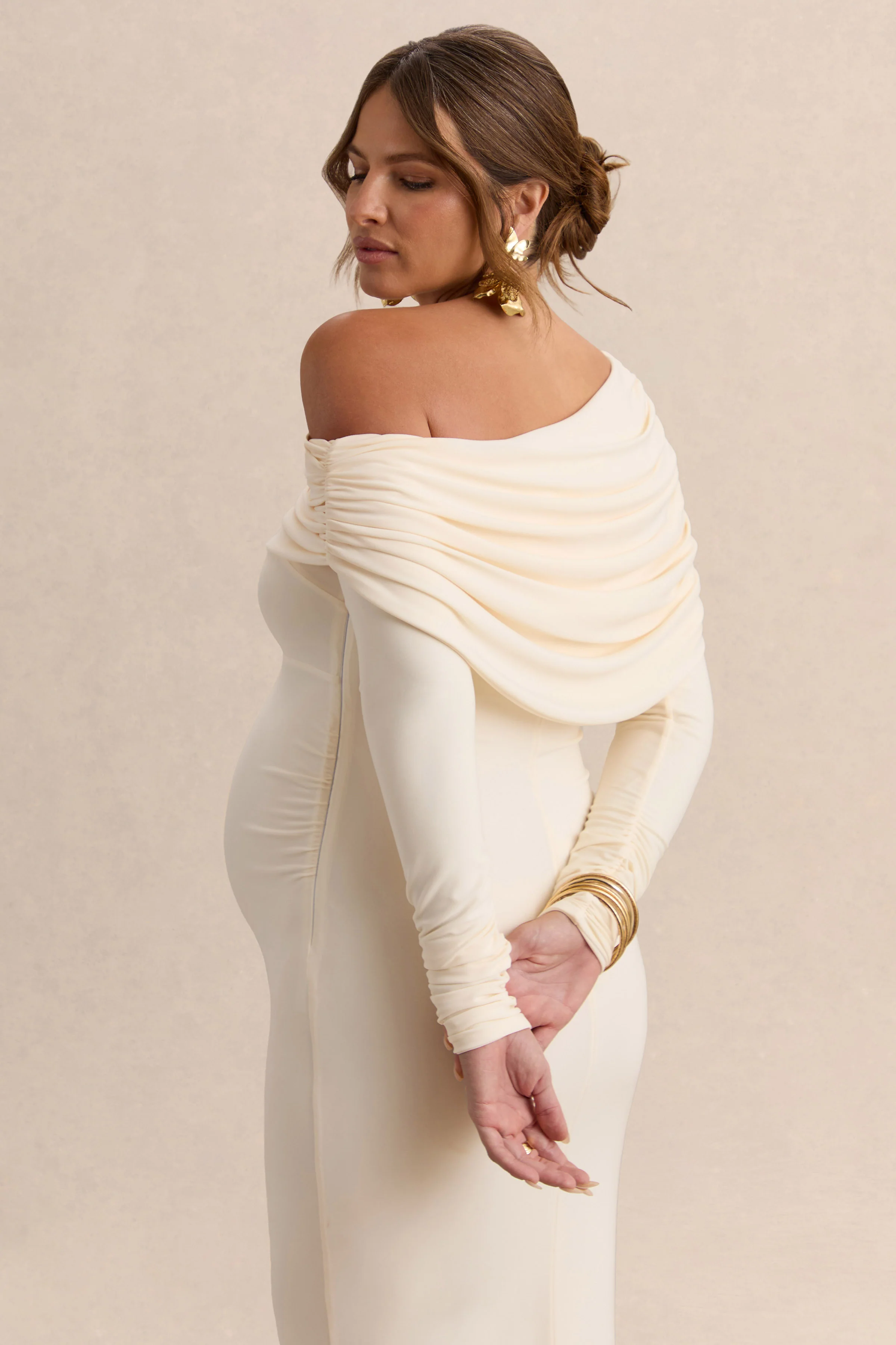 Carleigh | Cream Asymmetric-Neck Maternity Maxi Dress With Draped Detailing - Image 5