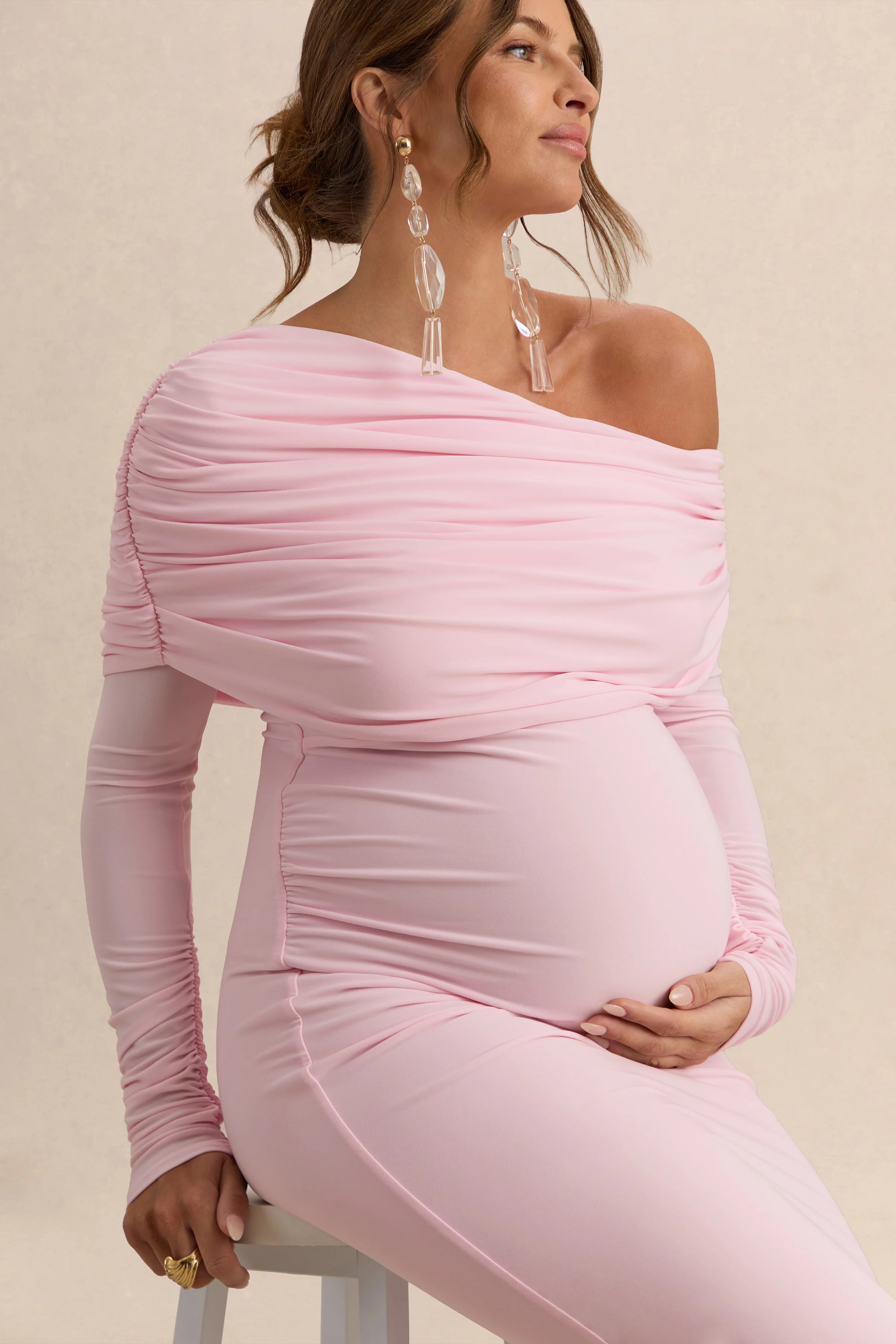 Carleigh | Light Pink Asymmetric-Neck Maternity Maxi Dress With Draped Detailing - Image 4