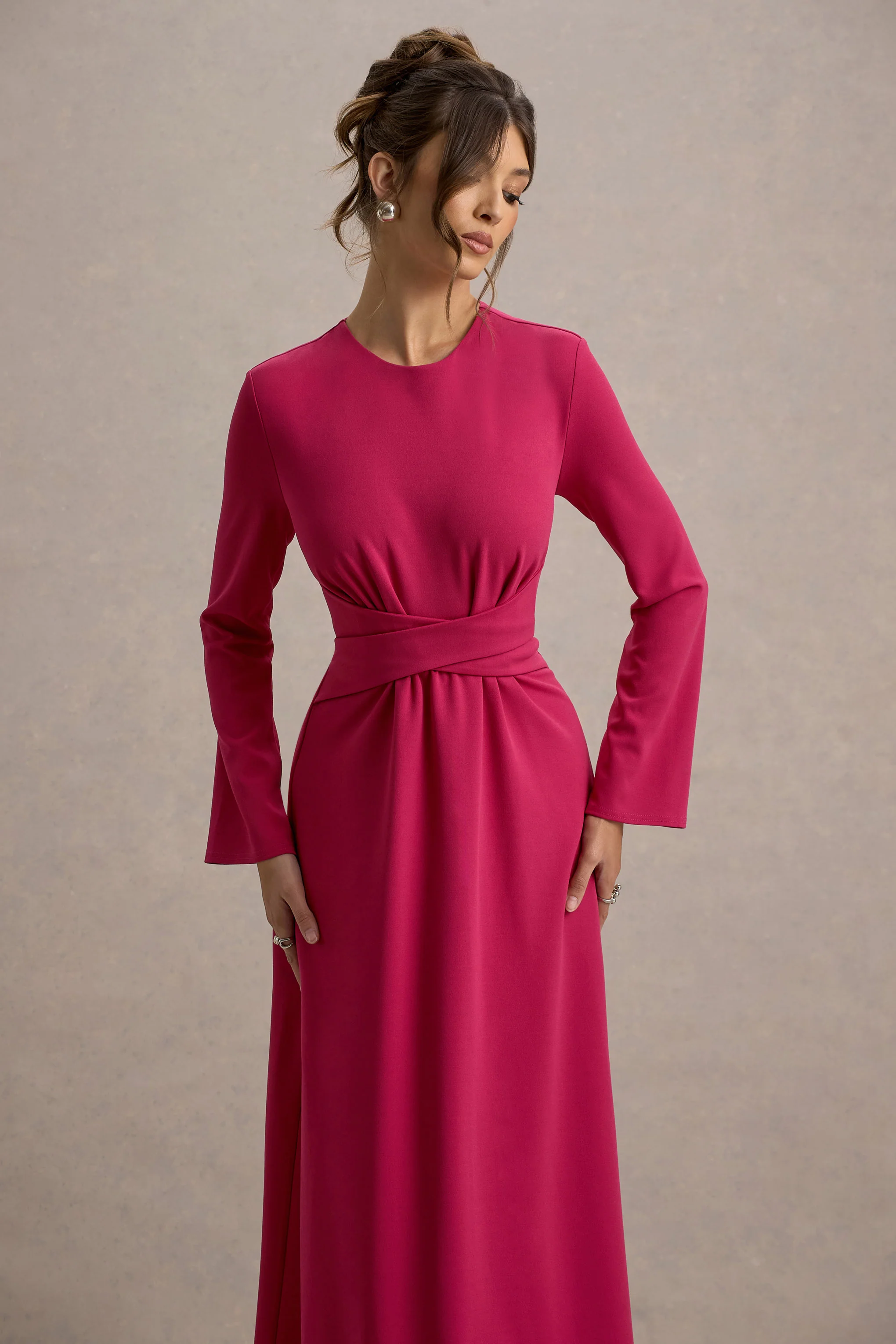 Cassiopeia | Hot Pink Long-Sleeve Midi Dress With Cross Waist - Image 3