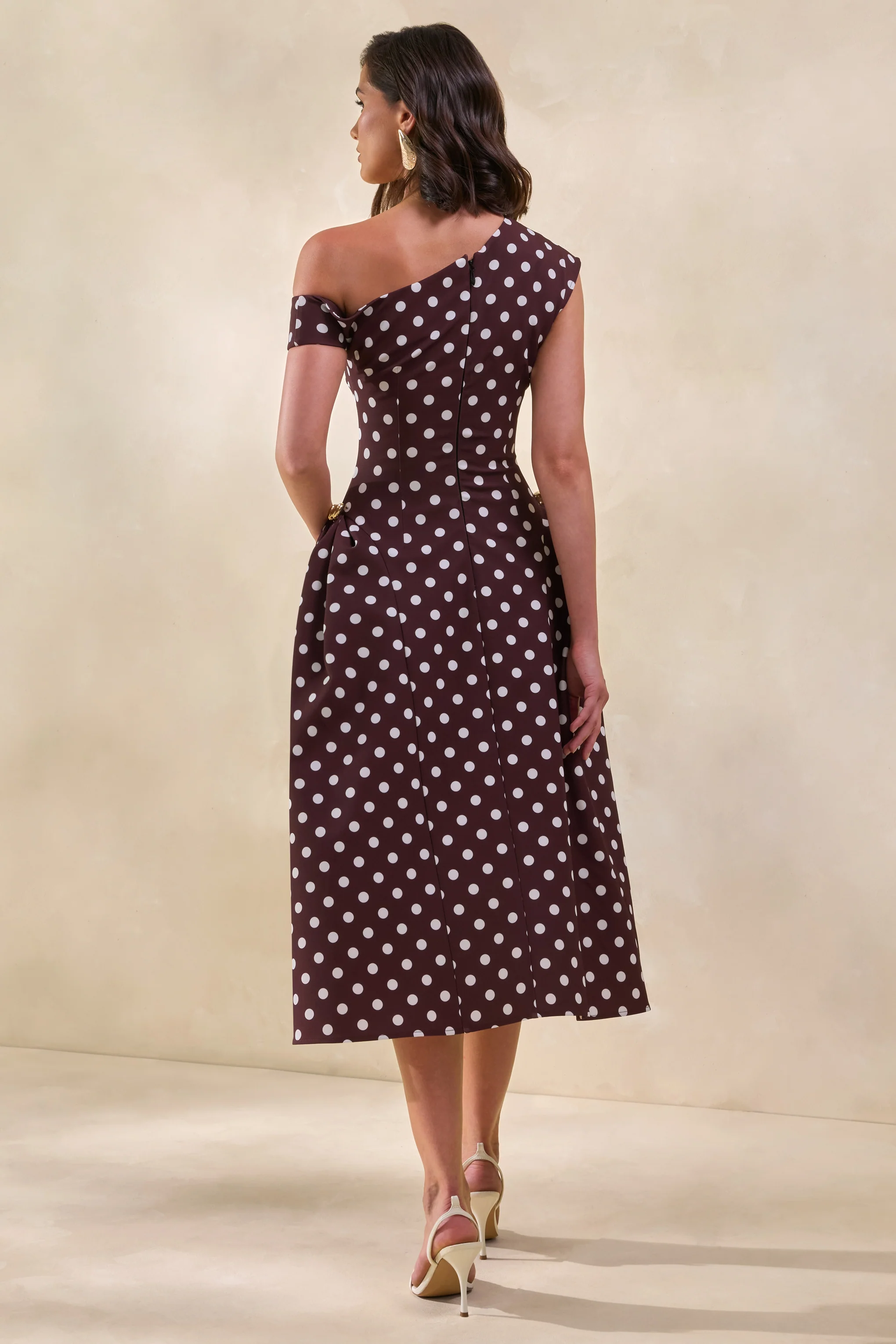 Celosia | Brown Polka-Dot Asymmetric-Neck Midi Dress With Gold-Detailing - Image 3