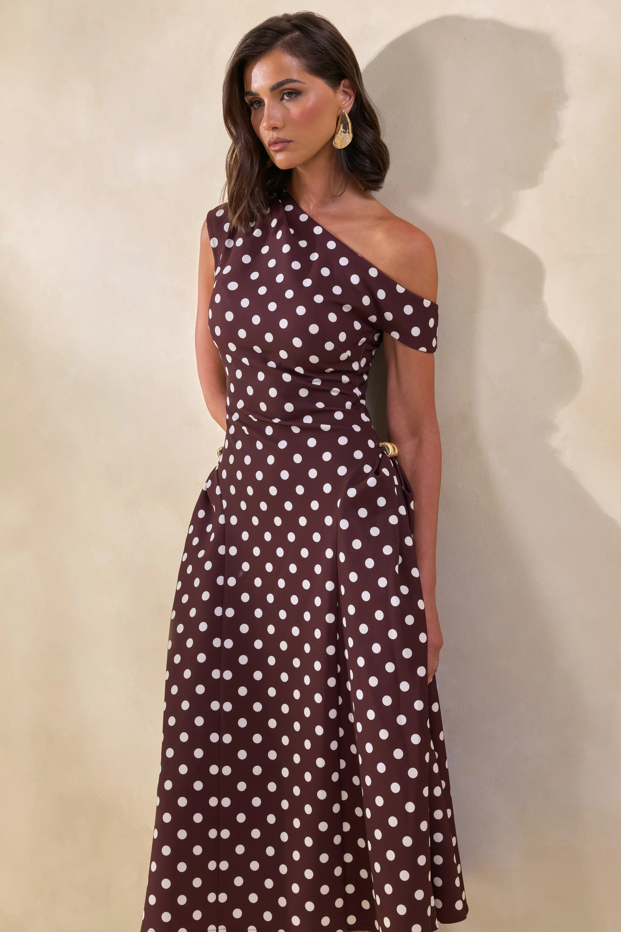 Celosia | Brown Polka-Dot Asymmetric-Neck Midi Dress With Gold-Detailing - Image 4