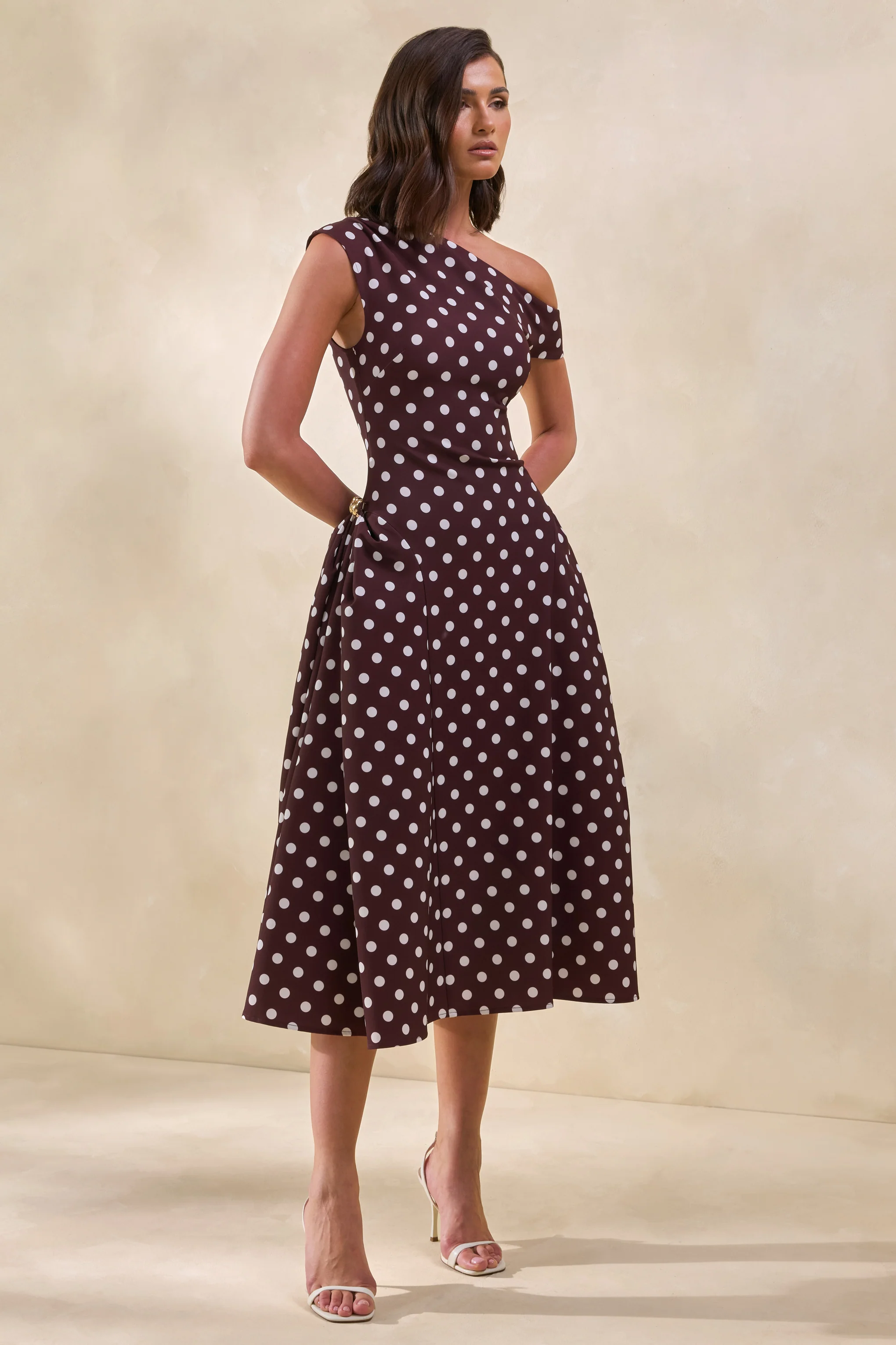 Celosia | Brown Polka-Dot Asymmetric-Neck Midi Dress With Gold-Detailing - Image 6
