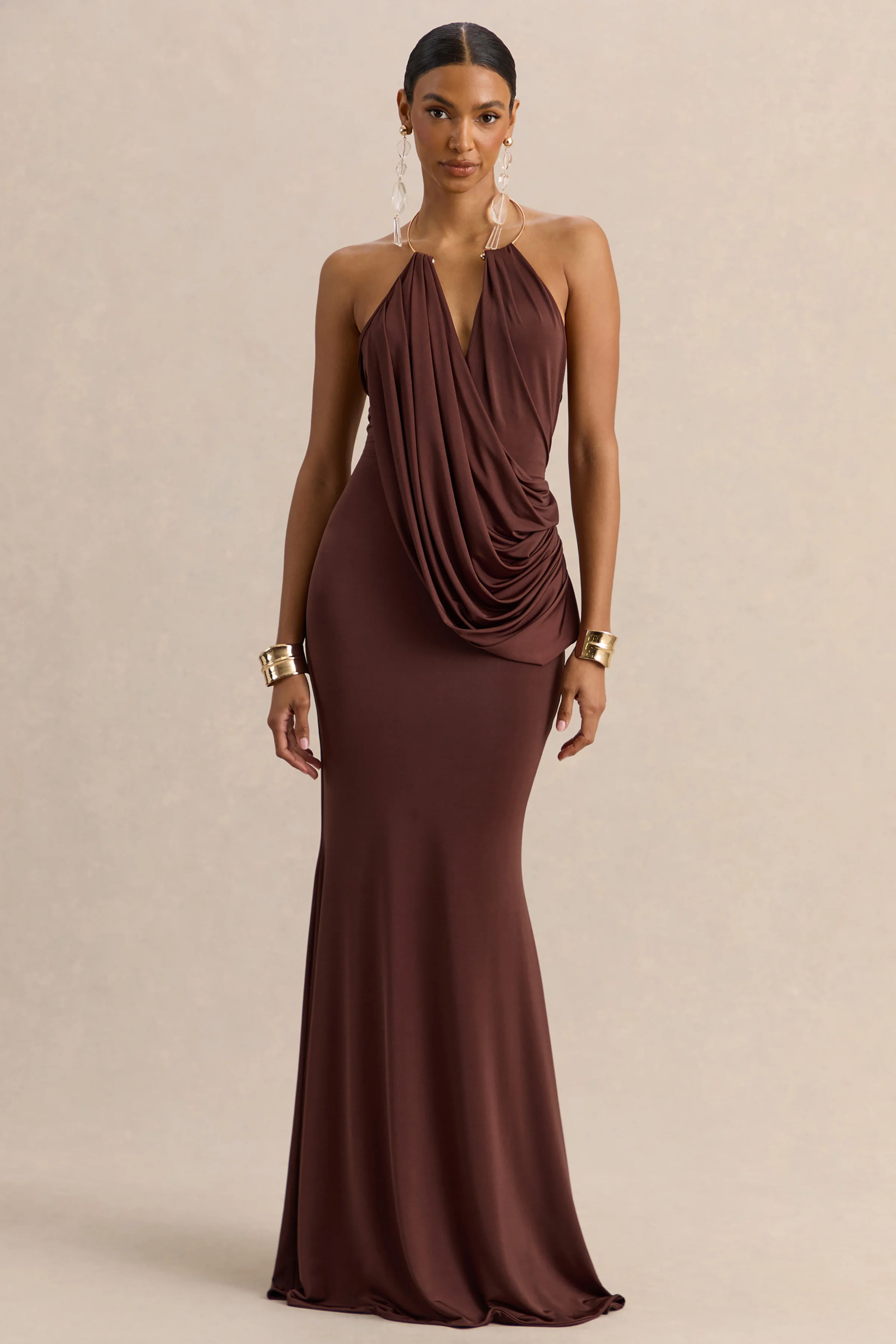 Chanterra | Brown Halter-Neck Maxi Dress With Draped-Detailing - Image 3