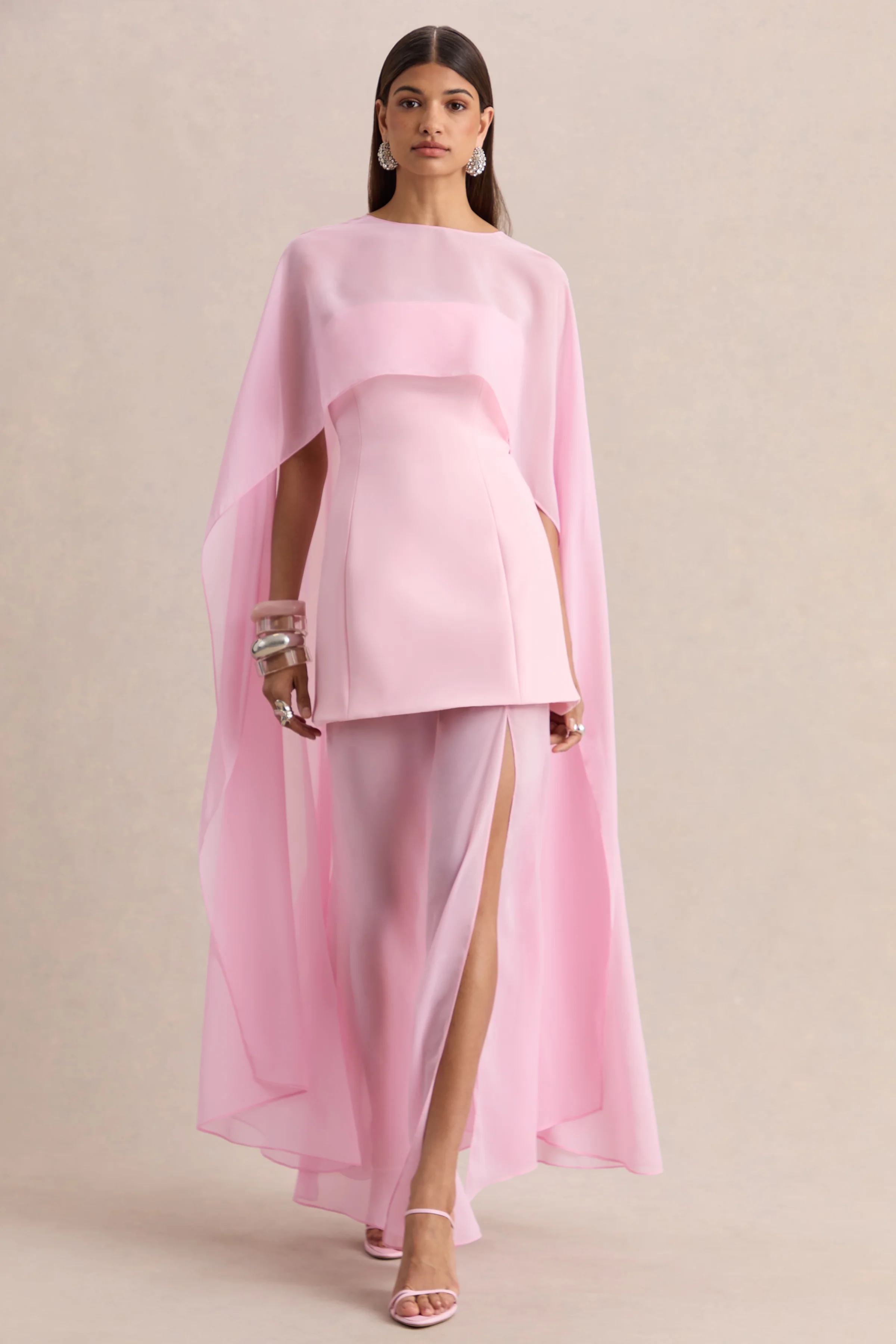 Chessa | Light Pink Boat-Neck Maxi Dress With Sheer Cape - Image 3