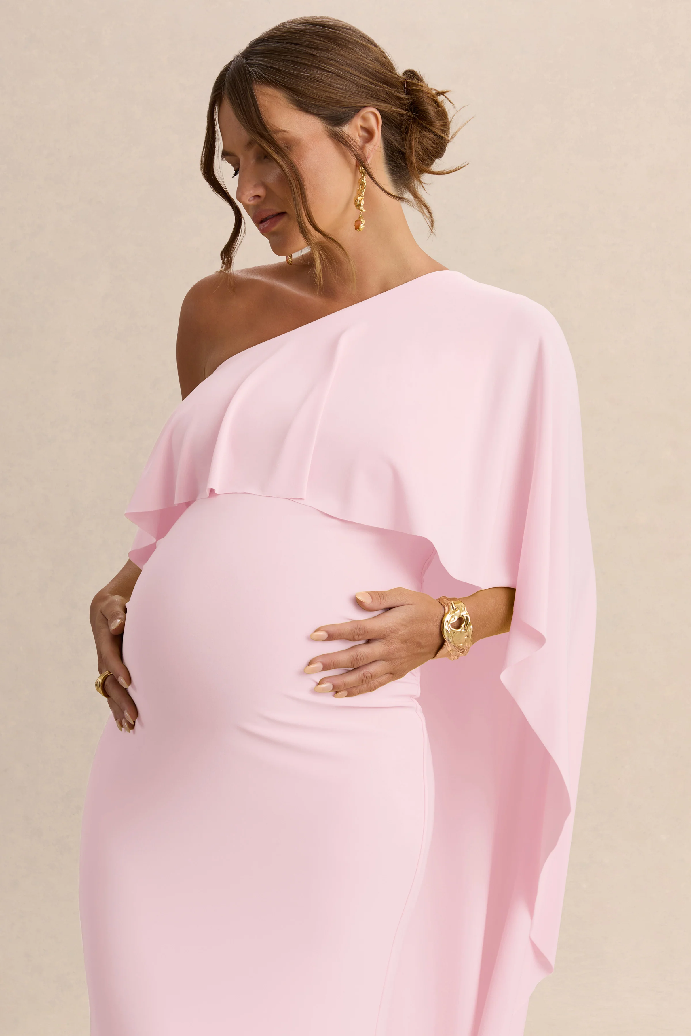 Cicely | Light Pink Asymmetric-Neck Maternity Maxi Dress With Cape Sleeve - Image 3