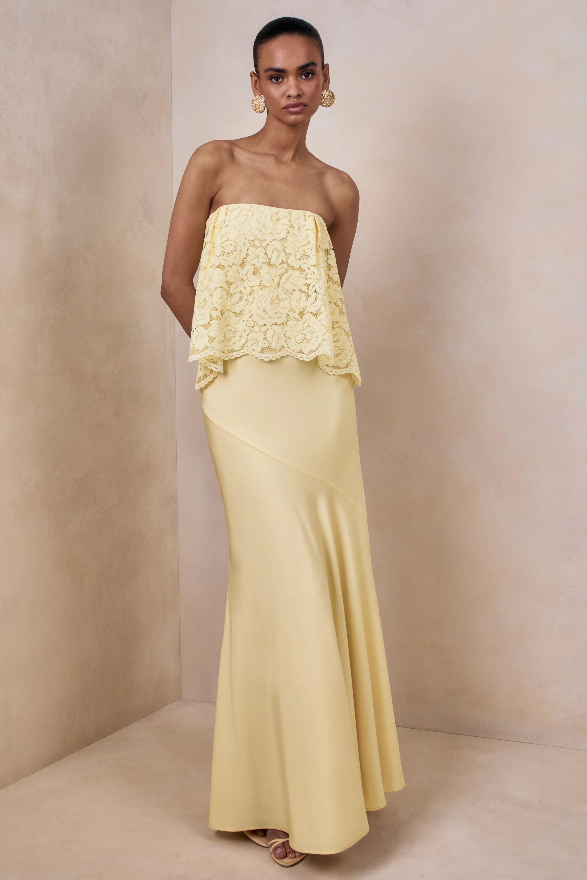 Clemency | Lemon Lace And Matte Satin Bandeau Maxi Dress - Image 6