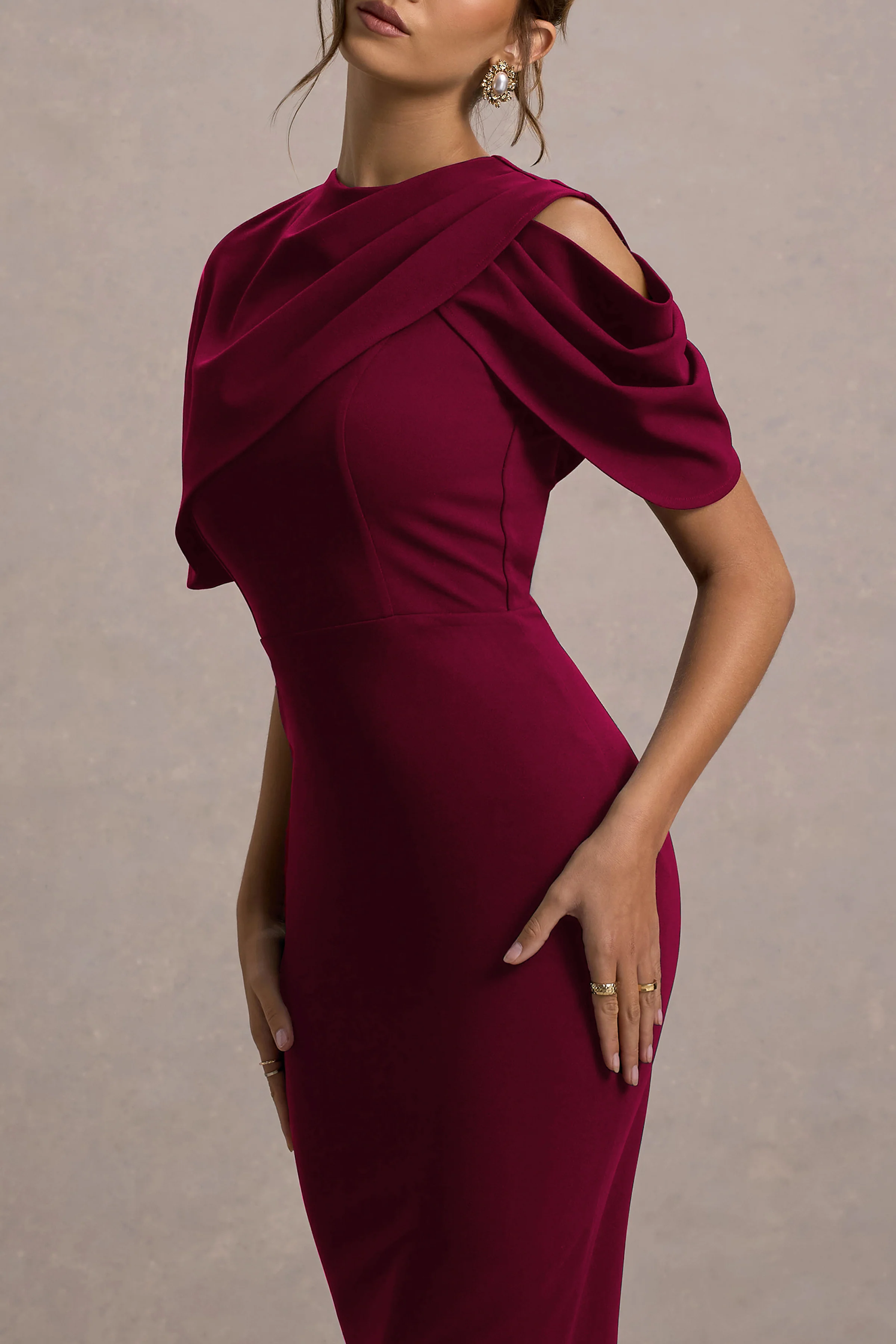 Dorothea | Berry Draped Midi Dress With Cape - Image 3