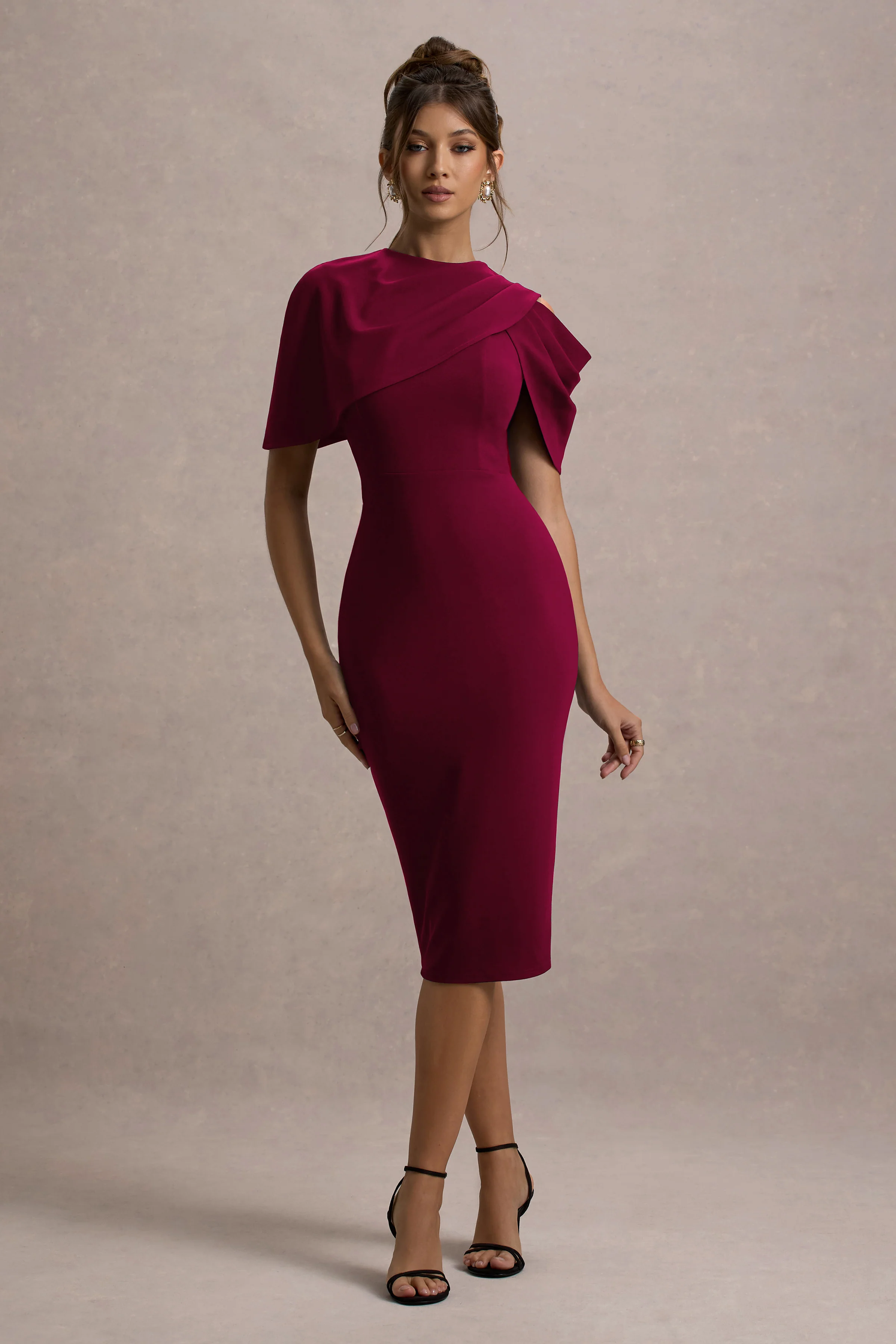 Dorothea | Berry Draped Midi Dress With Cape - Image 4