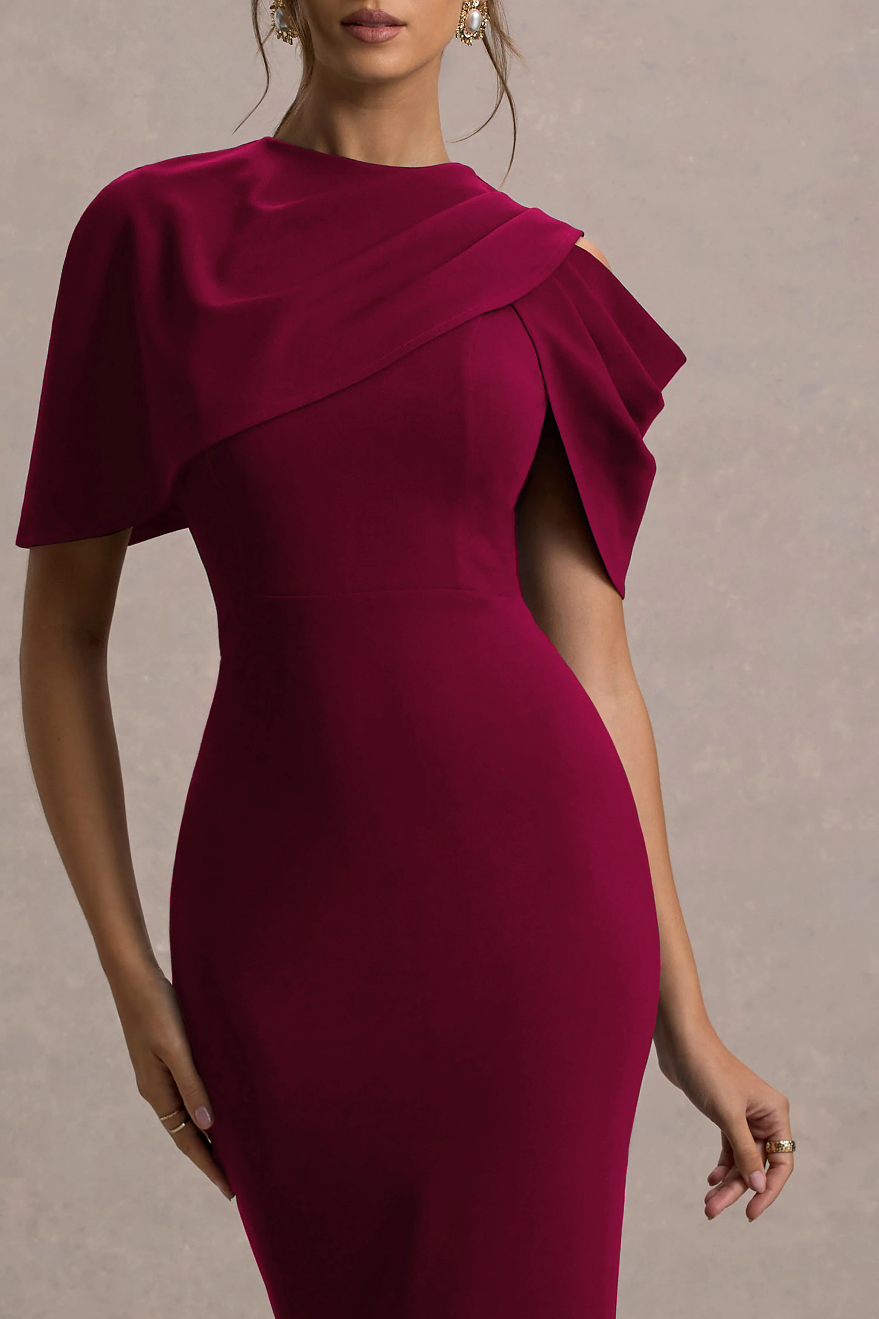 Dorothea | Berry Draped Midi Dress With Cape - Image 6