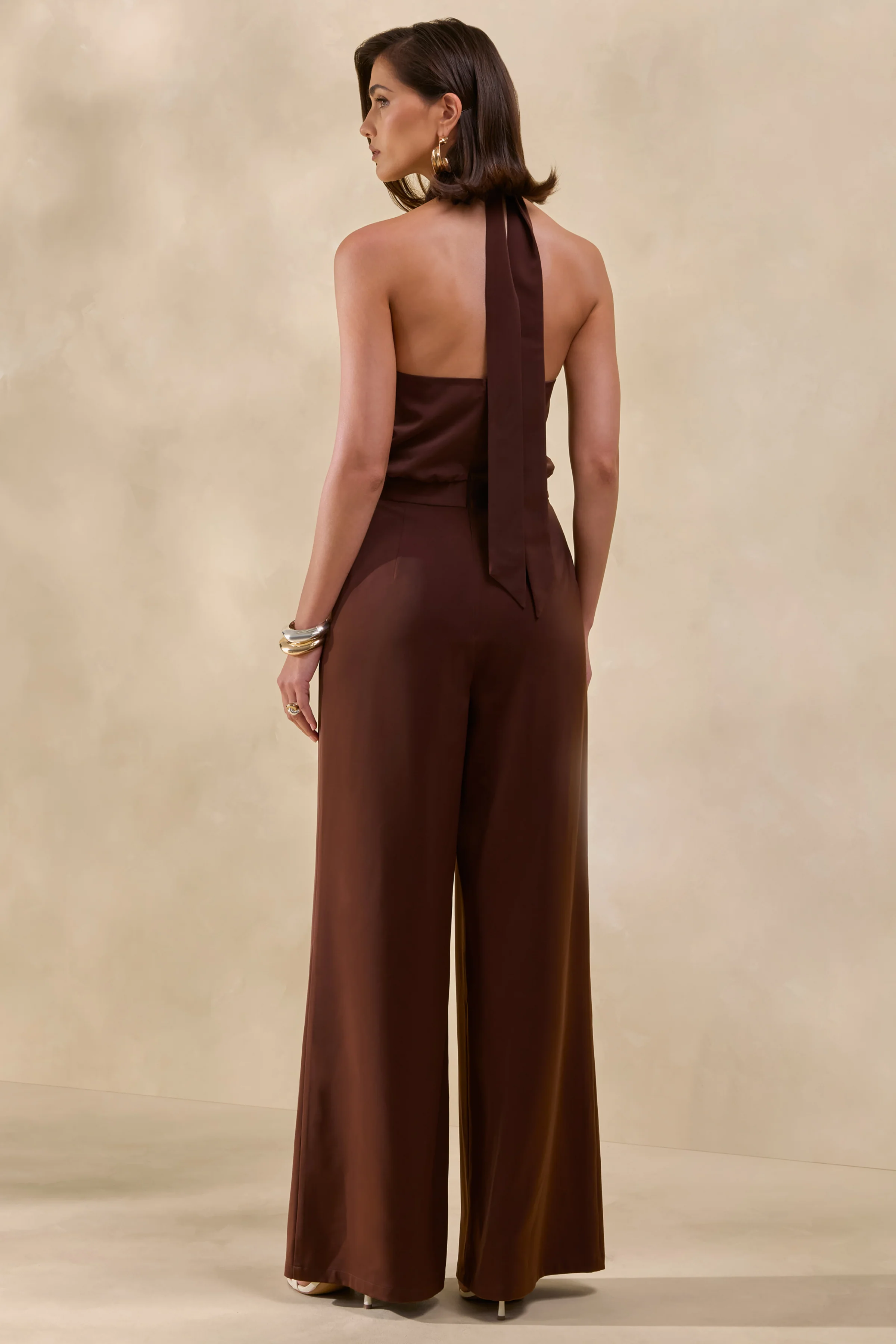 Elisra | Brown Satin Halter-Neck Jumpsuit - Image 2