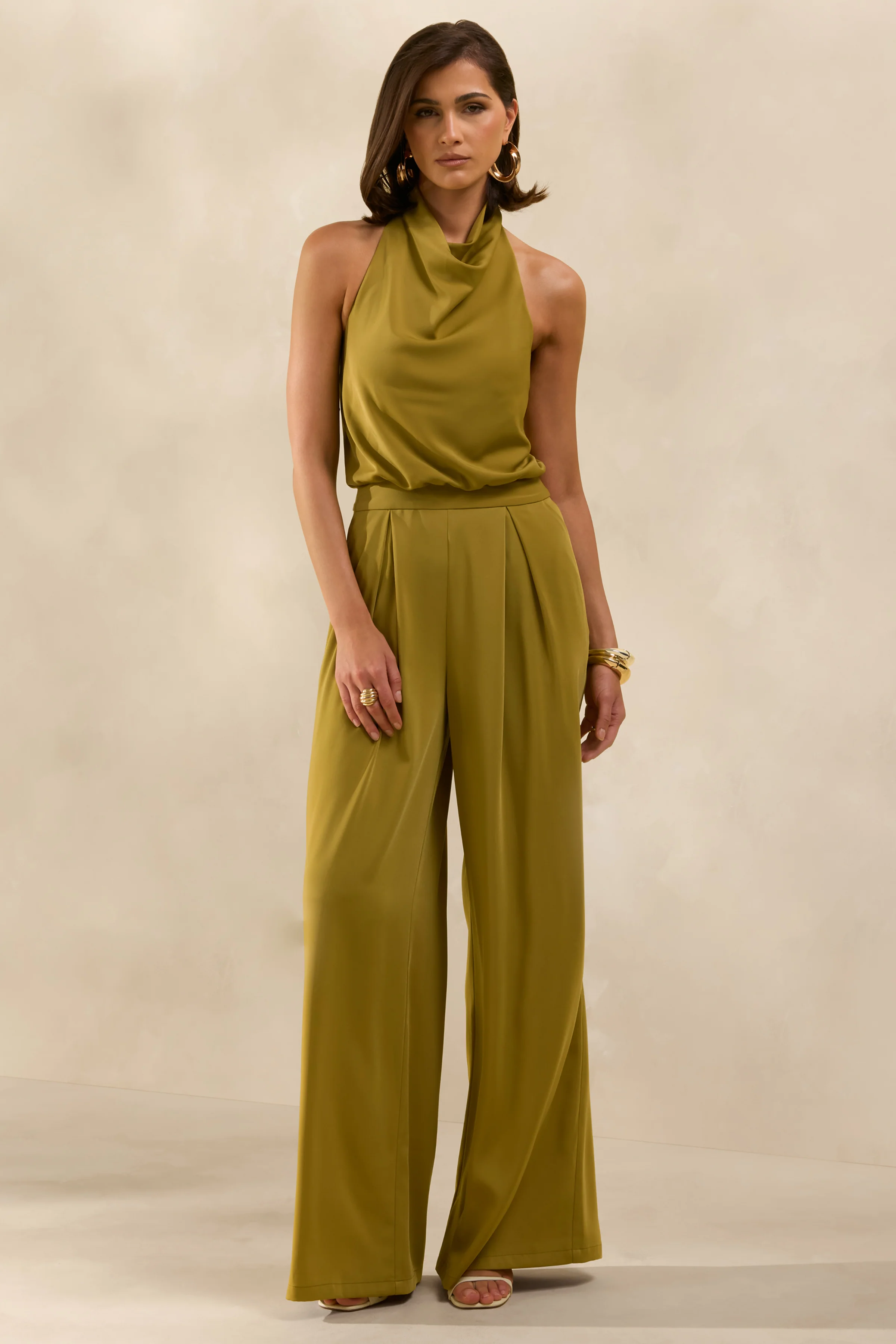 Elisra | Olive Satin Halter-Neck Jumpsuit