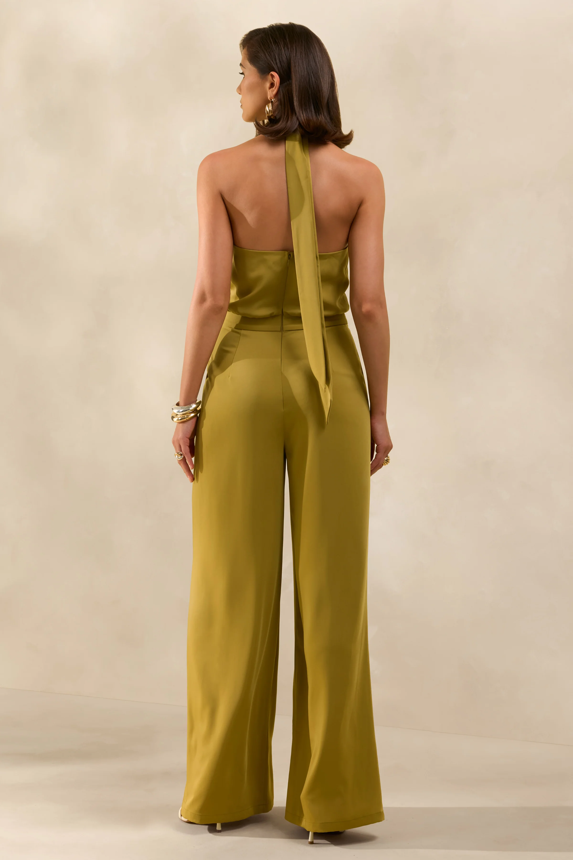Elisra | Olive Satin Halter-Neck Jumpsuit - Image 2