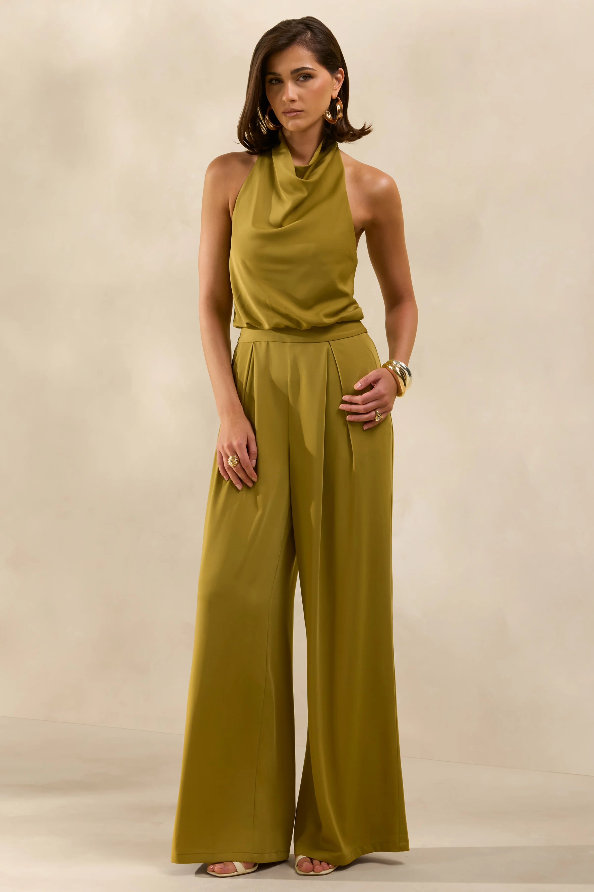Elisra | Olive Satin Halter-Neck Jumpsuit - Image 4